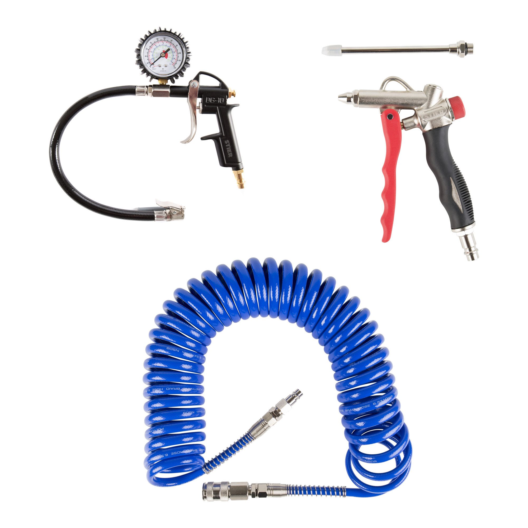 Stier Zubehör-Set STIER Druckluft-Set Premium 3-teilig Reifenfüllmessgerät Spiralschlauc