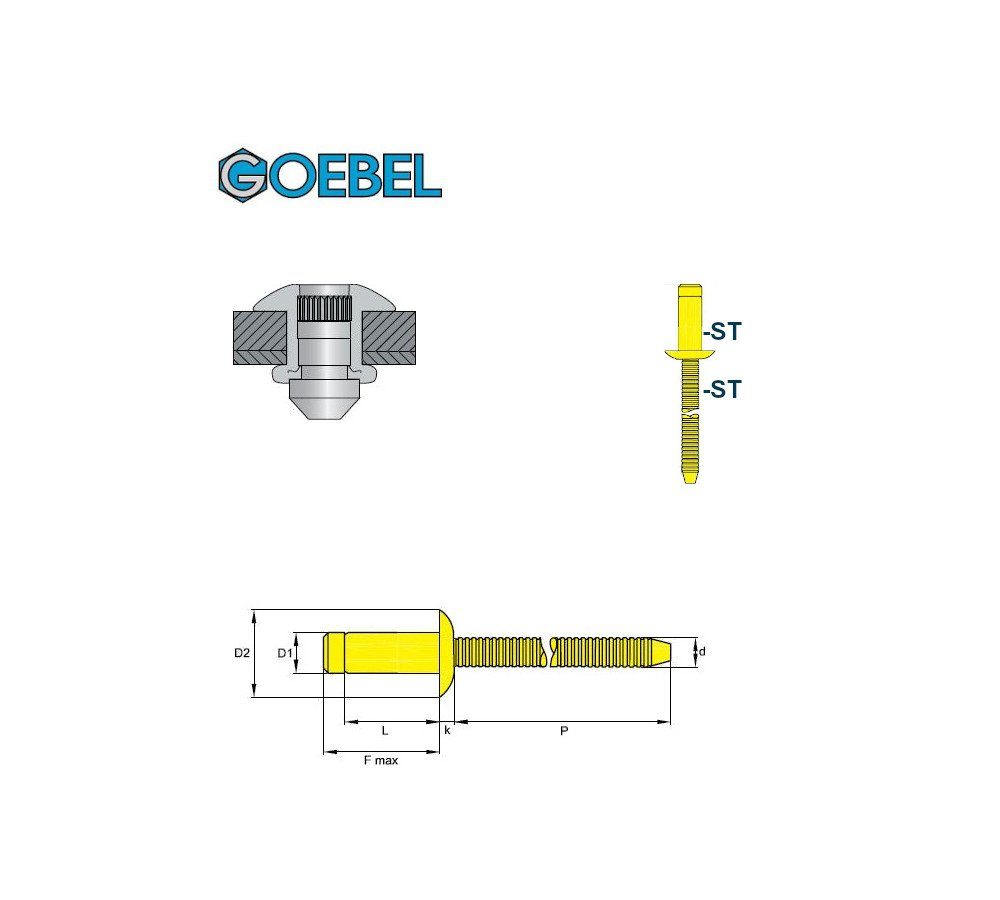 GOEBEL GmbH Niete St., 250 Blindniete / mm Flachkopf), gerilltem 6,4 (250x Flachkopf x H-LOCK Blindniete Stahl Hochfeste Stahl, Nietdorn mit mit 7620064120, 12,0