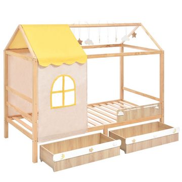 SOFTWEARY Kinderbett Hausbett mit Lattenrost und 2 Schubladen (90x200 cm), Holzbett aus Kieferholz, Einzelbett inkl. Rausfallschutz