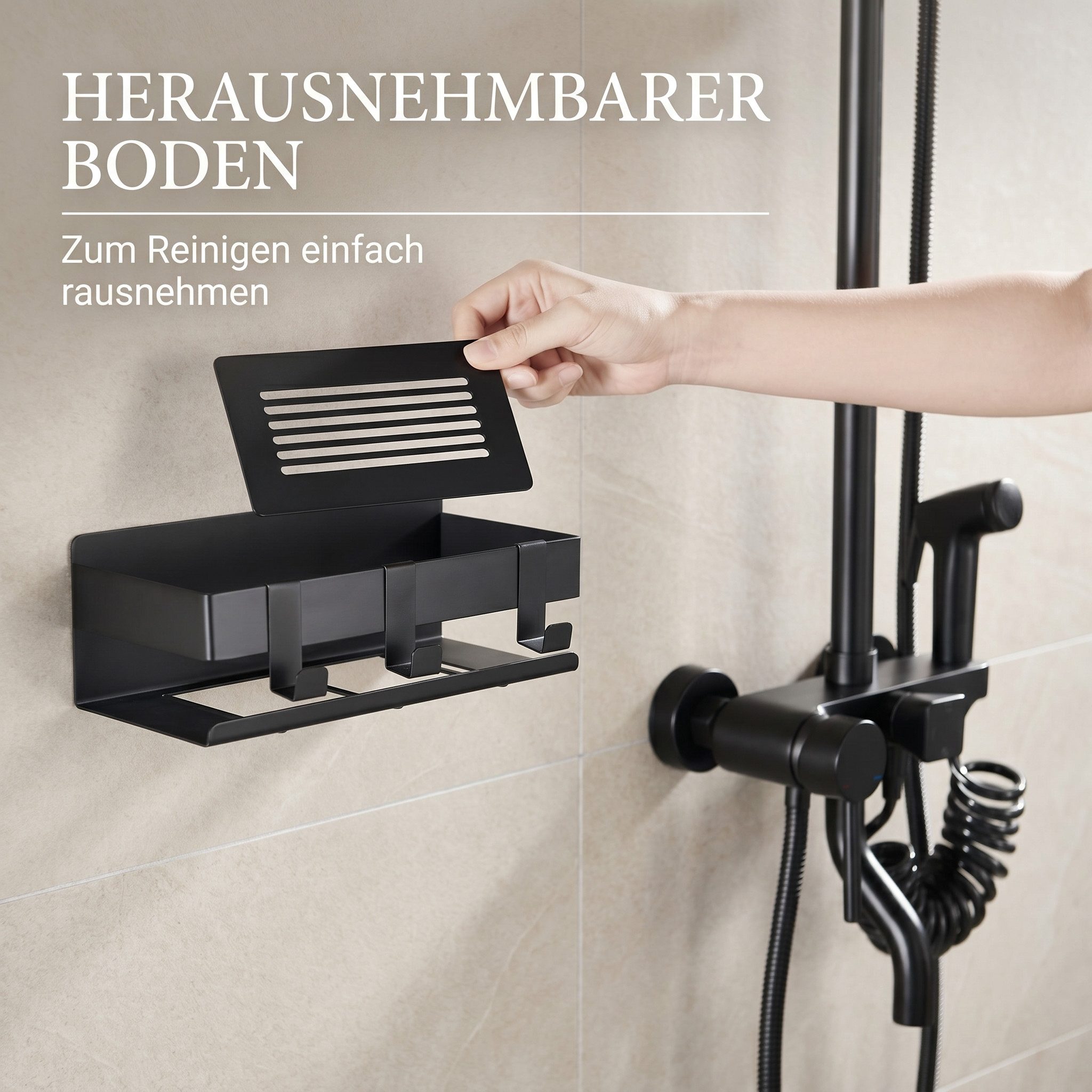 DEKAZIA Duschablage ohne Bohren, Selbstklebender Duschkorb, Duschregal Edelstahl, selbstklebend, 5 Farben erhätlich, inkl. Klebeset & 3 Haken, Badezimmerregal, Bad Regal,Aufbewahrung Bad, Duschzubehör