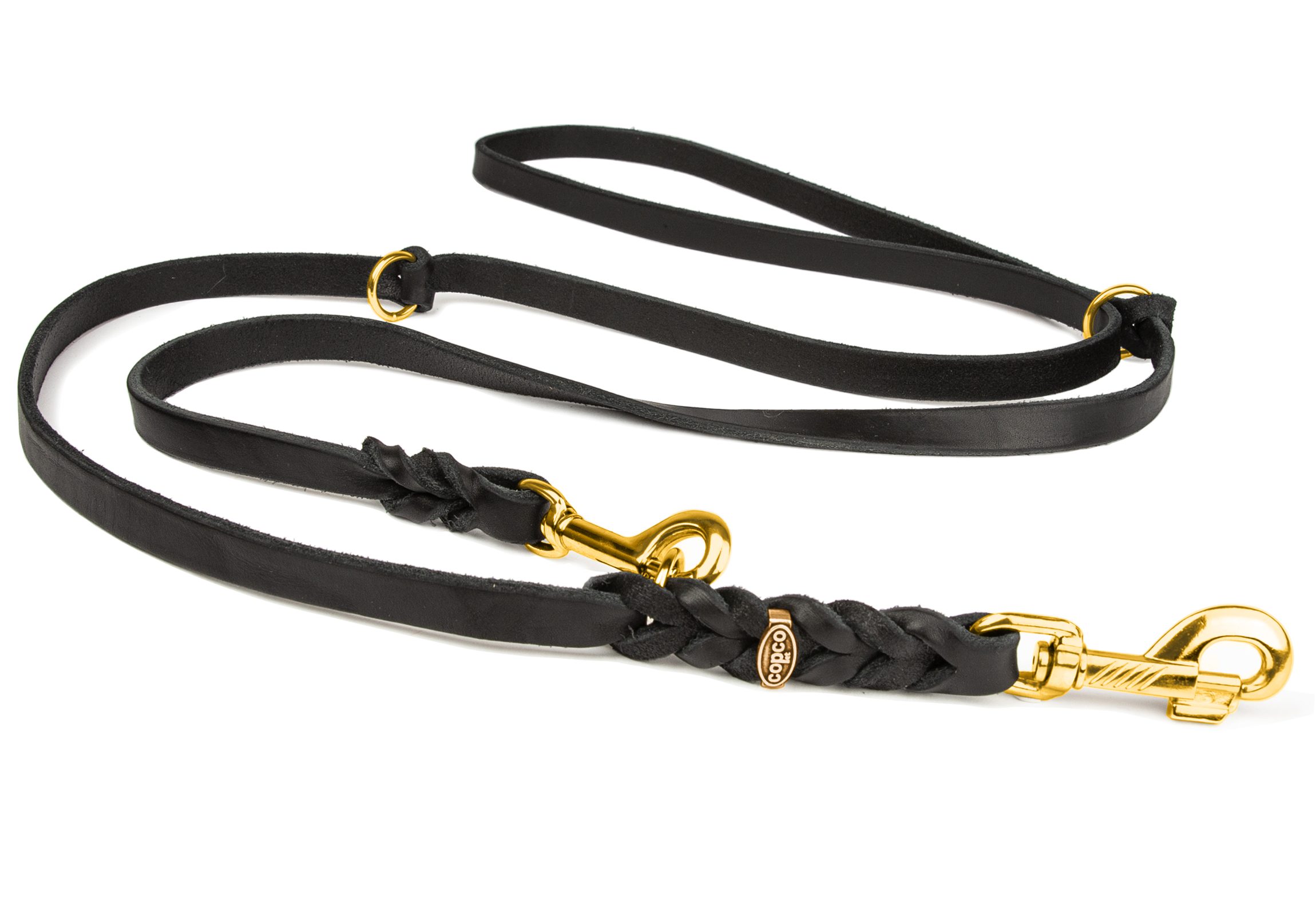 CopcoPet Hundeleine Fettlederleine Hundeleine geflochten dreifach verstellbar Messing, Leder