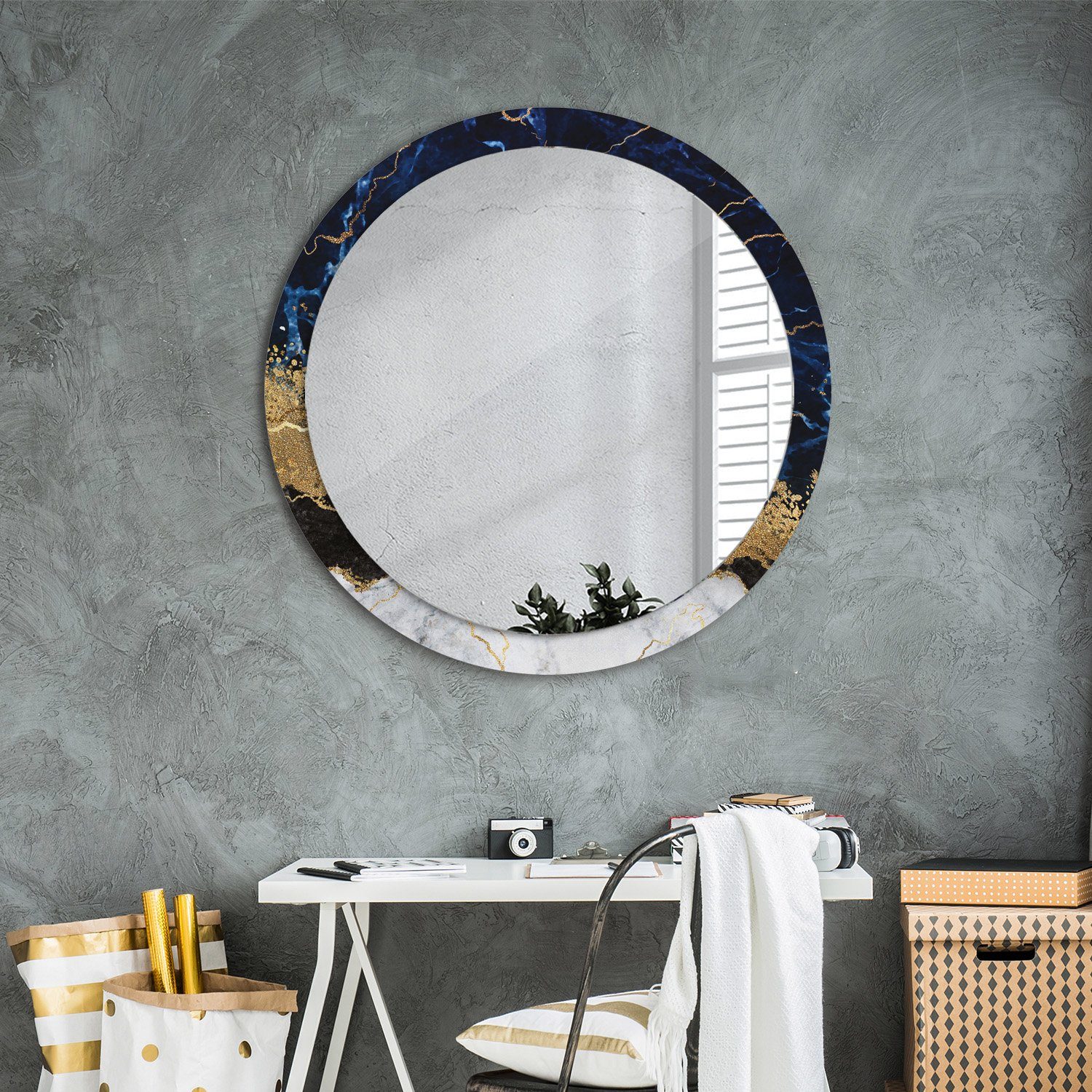 Blau Kosmetikspiegel Aufdruck Spiegel Marmor Tulup Wandspiegel mit Hängespiegel Ø90cm Dekospiegel Rund: