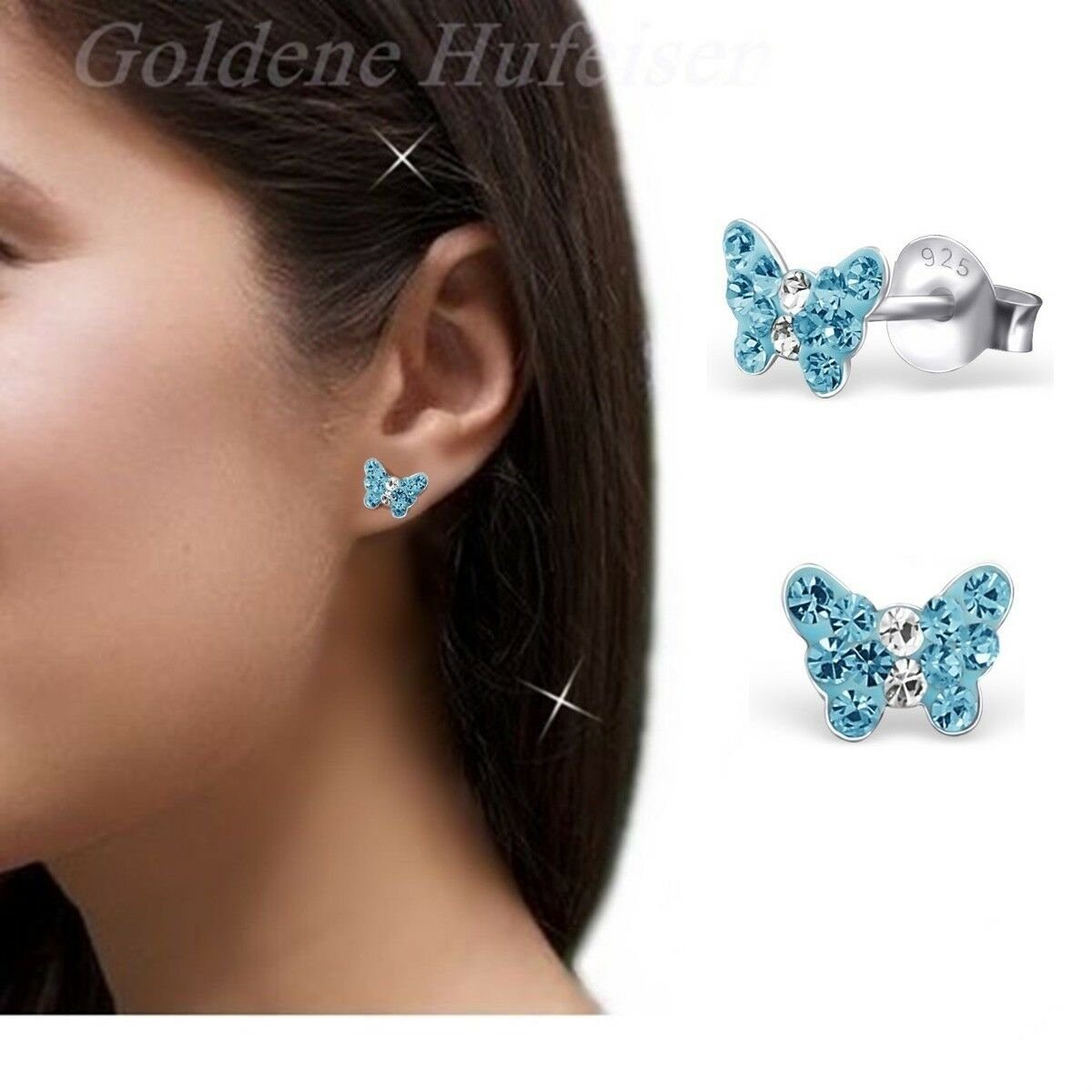 (1 Mini Ohrstecker mit Goldene Ohrringe Mädchen für Blau inkl. Paar Ohrstecker Hufeisen Schmetterling Schmuckbox) Kristall Paar,