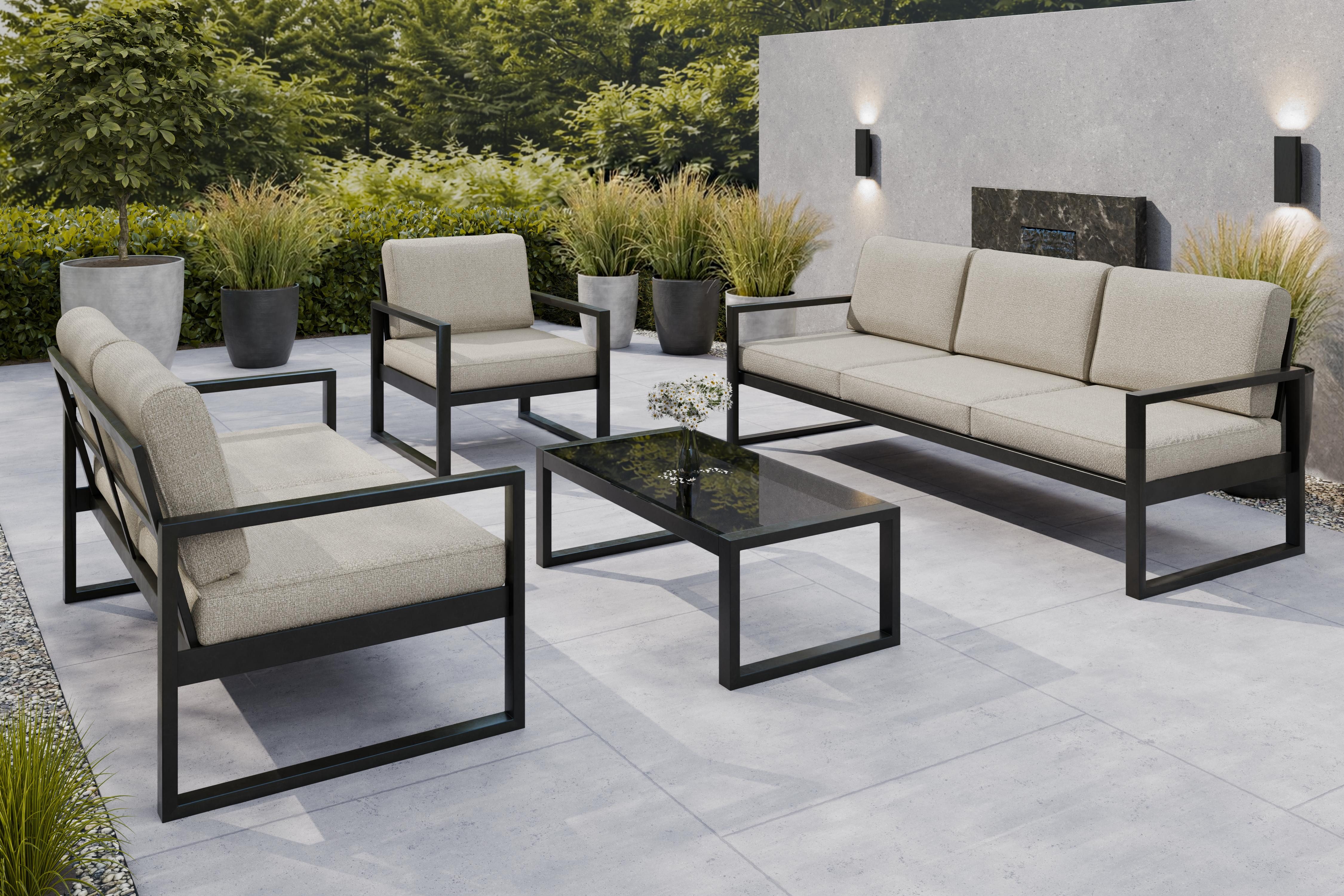 Design Möbel Gartenlounge-Set Gartenmöbel Set Solar Lounge Sofa Sessel Tisch Metall SCHWARZ