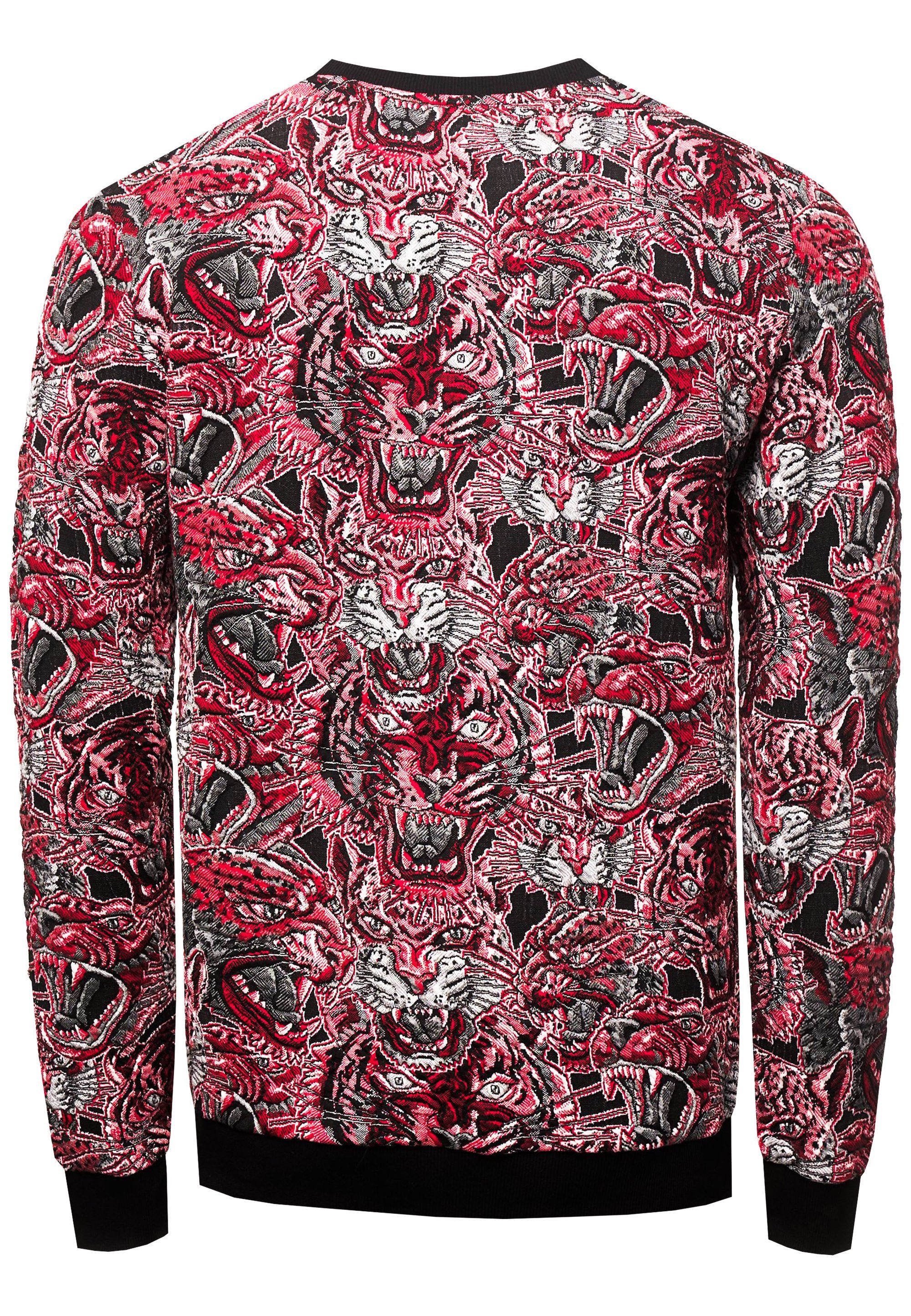 Rusty Neal Sweatshirt Red Tiger in Jacquard mit extravagantem Muster