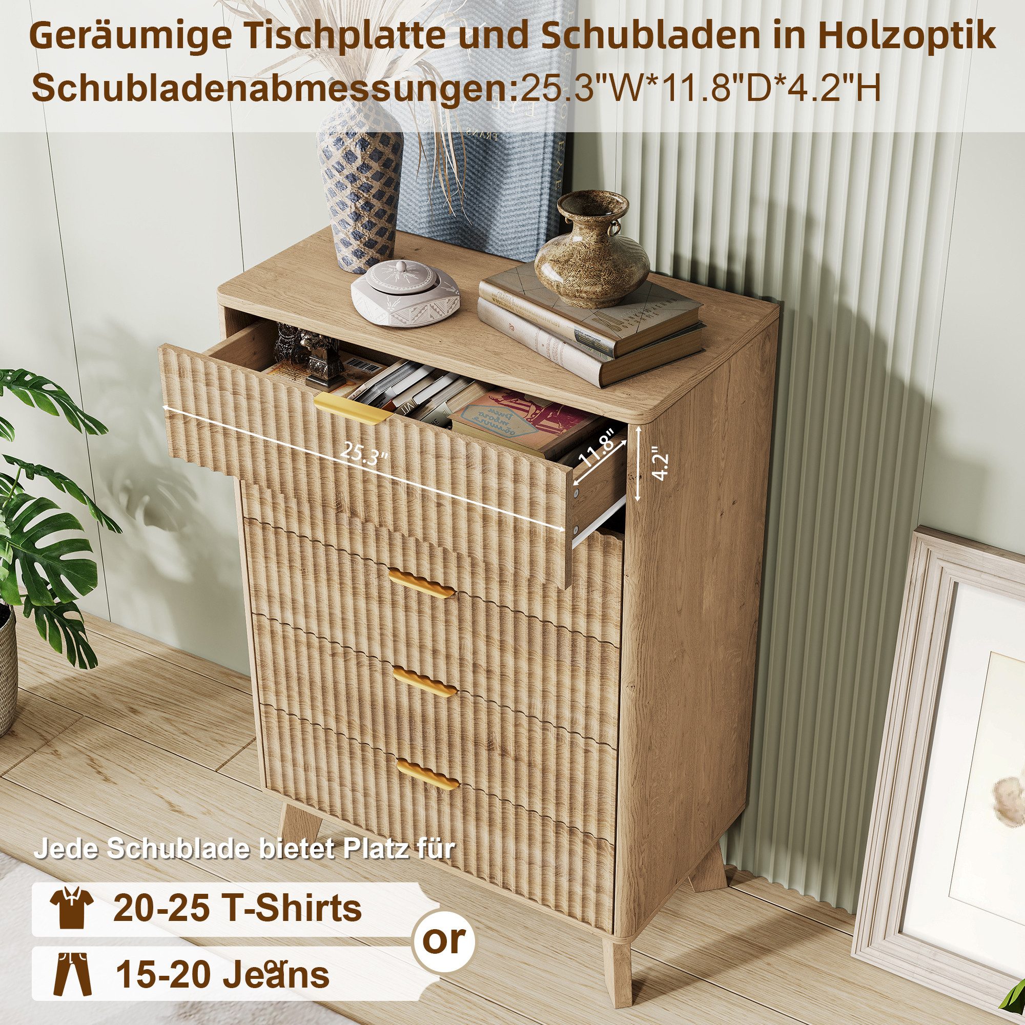 FUROKOY Kommode mit 5 Schubladen Holz Schrank, Sideboard mit Metallgriff,Wellenstruktur vorne,Naturholzfarbe – Bild 2 von 5