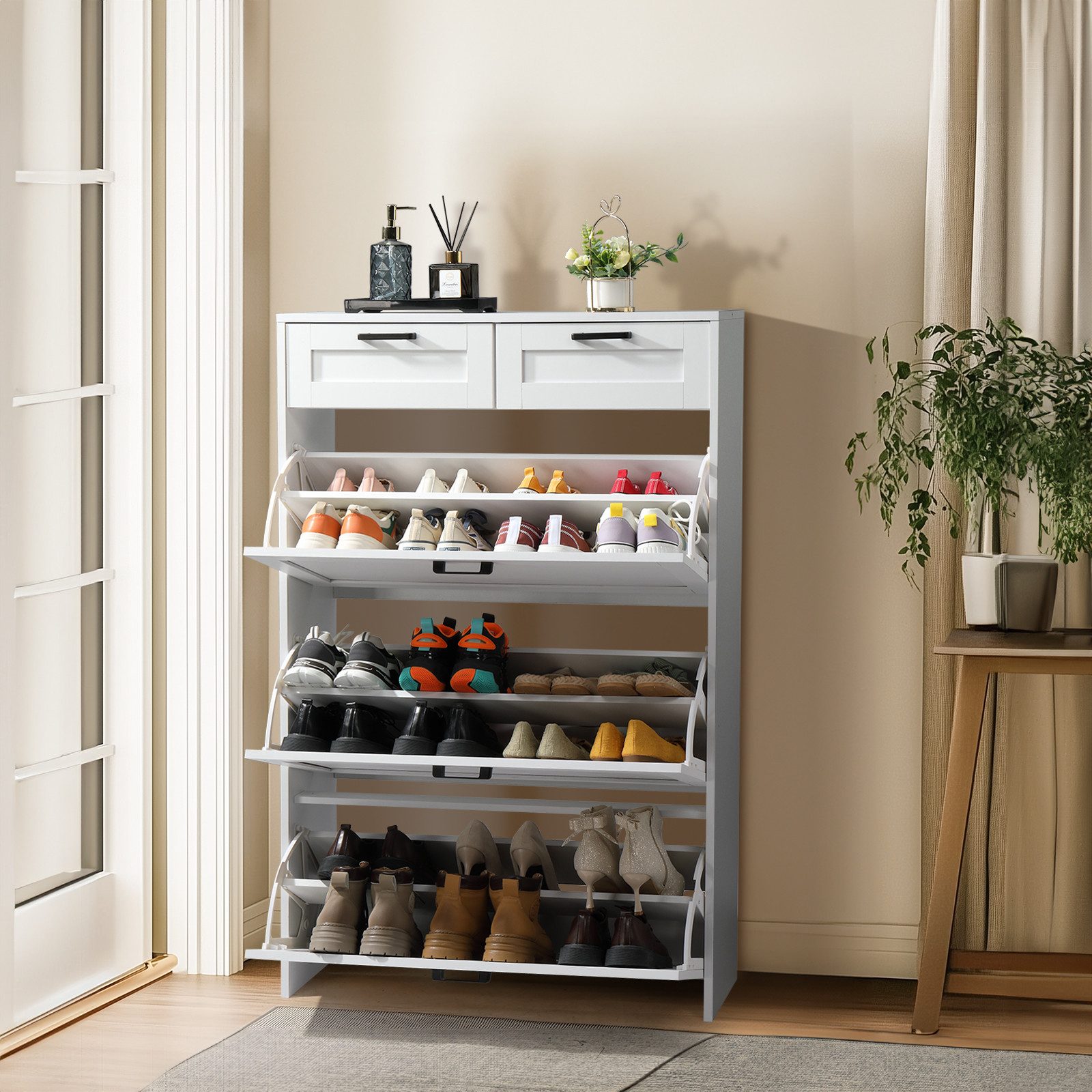 Karlhome Schuhschrank Schuhkommode mit 3 Klappen und 2 Schubladen (1-St) Schuhregal für Flur, platzsparend, 80 x 23 x 125 cm, Weiß – Bild 5 von 5