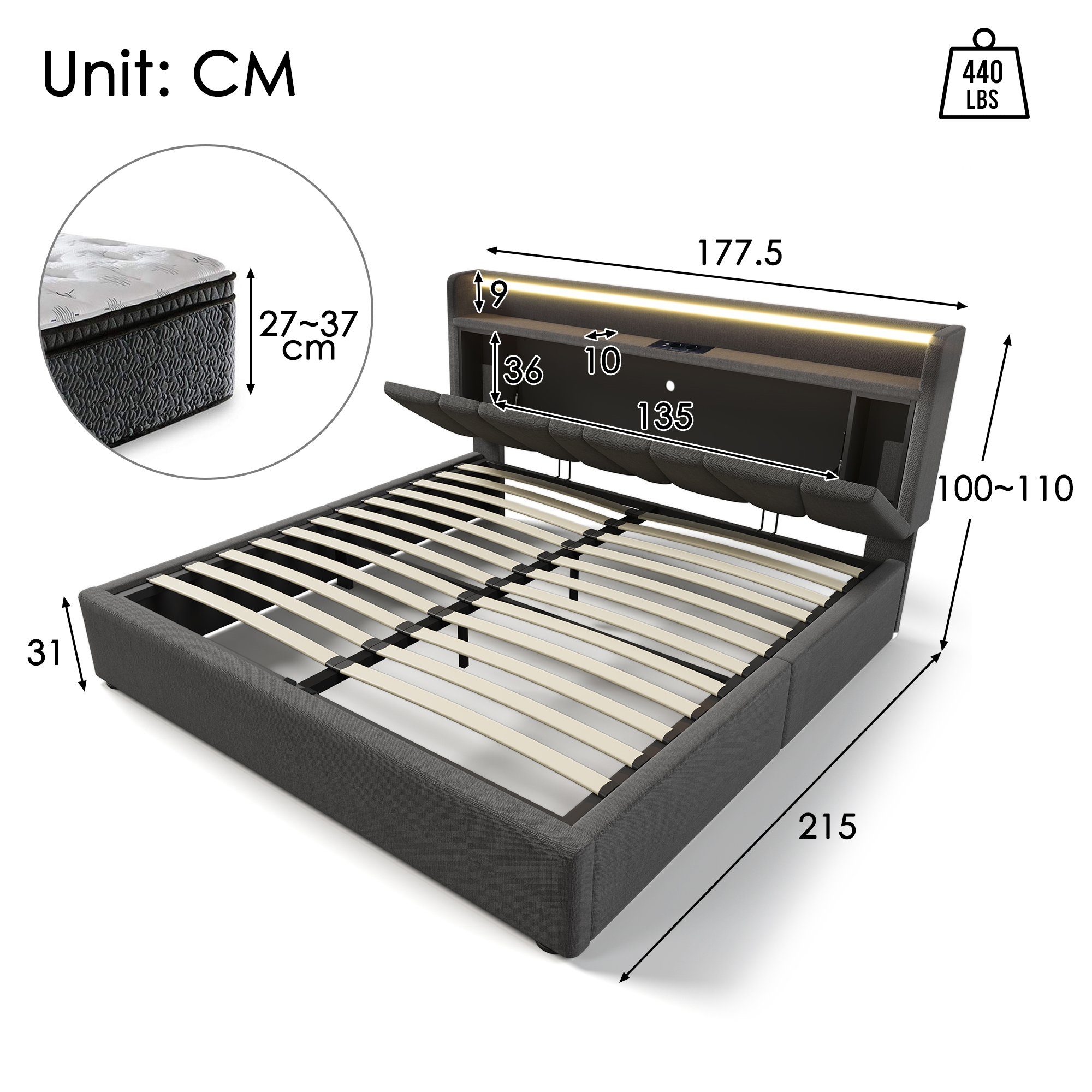 Flieks Polsterbett, Hydraulisches Doppelbett 160x200cm Stauraumkopfteil LED günstig online kaufen