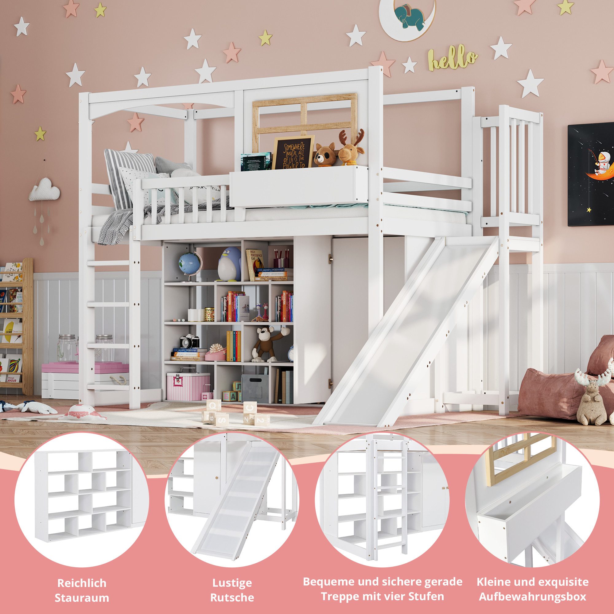 Merax Loft Bed (1 pc., Pine Children's Bed Playhouse with Safety Rail & Window) Bunk Bed 90x200cm with Wardrobe, Storage Compartments, Slide, Ladder