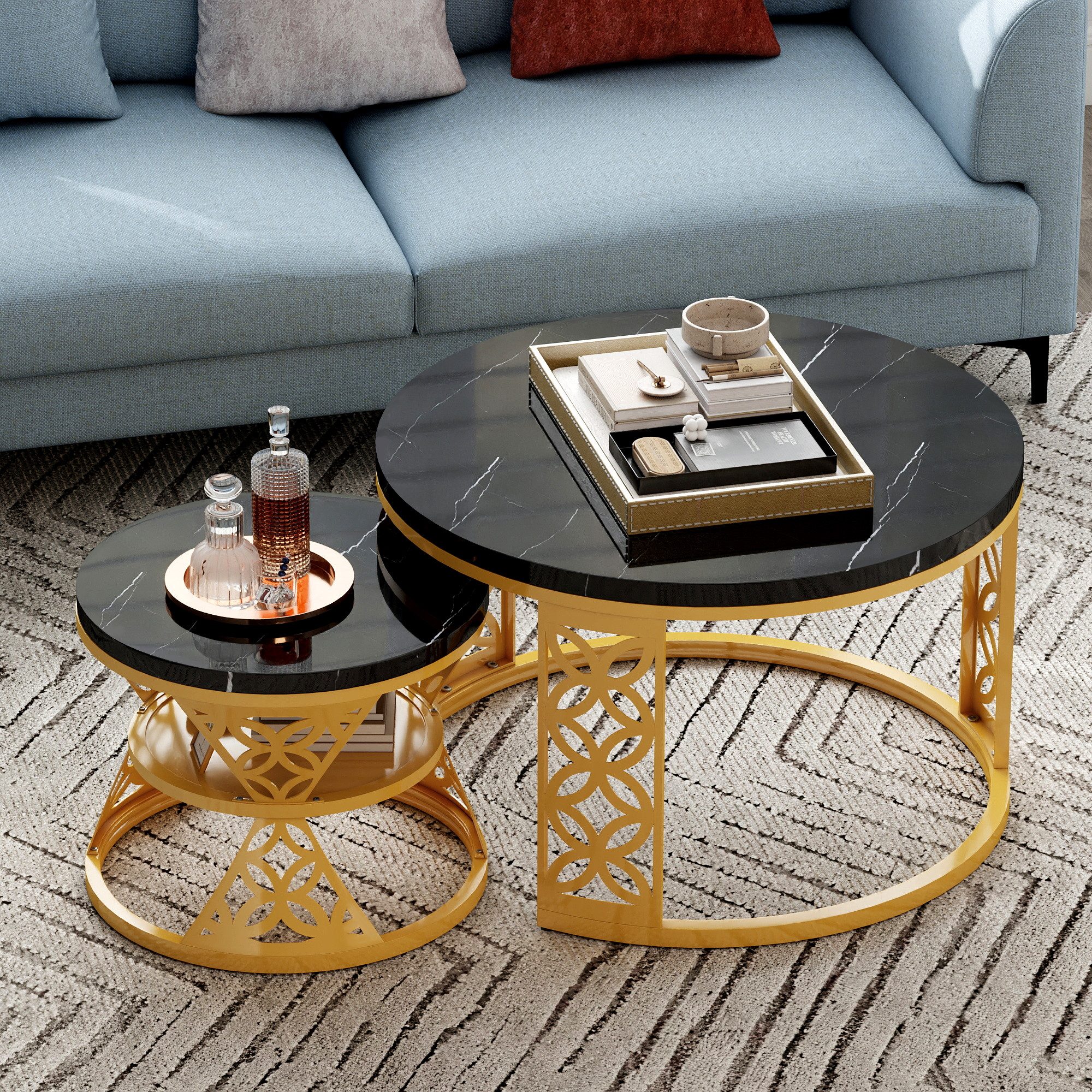 OKWISH Couchtisch Moderne Nesting Couchtisch (Satztisch, Sofatisch, 2-St., 70 x 70 x 45 cm + 45 x 45 x 37cm), Kontrastfarbendesign, Marmor Furnier