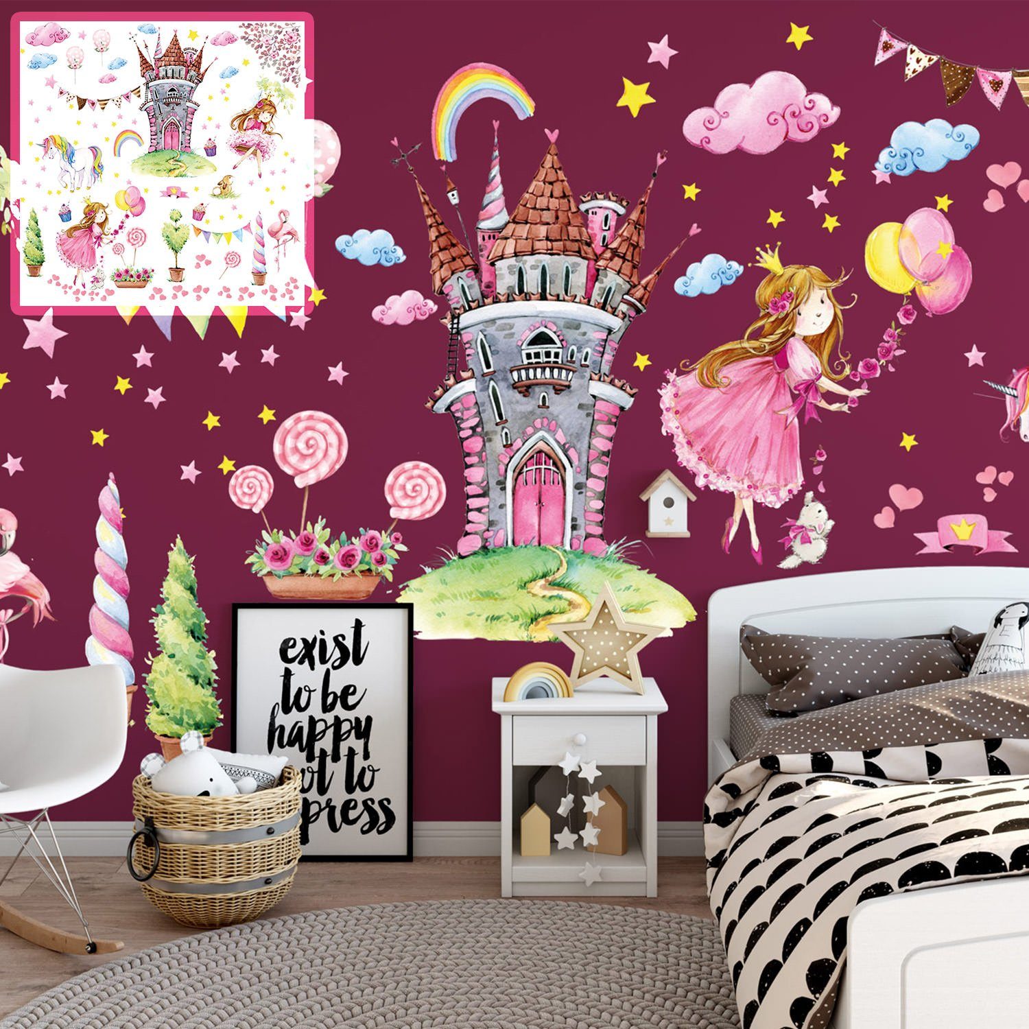 Sunnywall Wandtattoo XXL Wandtattoo Prinzessin Rosa Set Kinderzimmer Aufkleber
