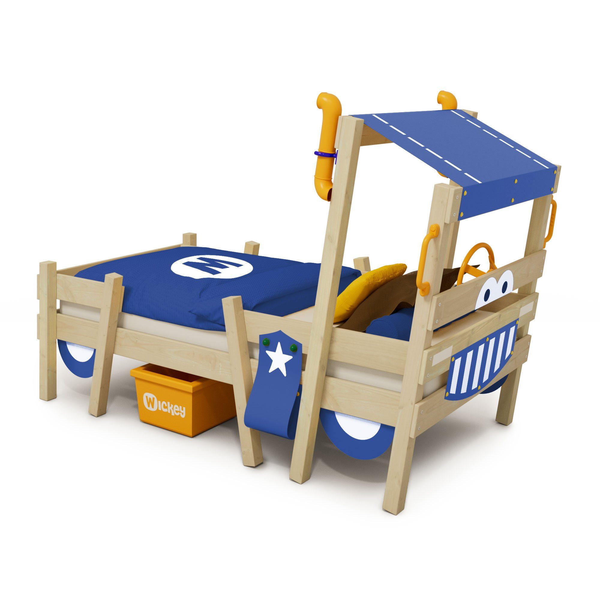 Wickey Kinderbett Crazy Sparky Pro, Plane Holzbett 90 x 200 cm (Holzpaket aus Pfosten und Brettern, Spielbett für Kinder), Massivholzbrett blau