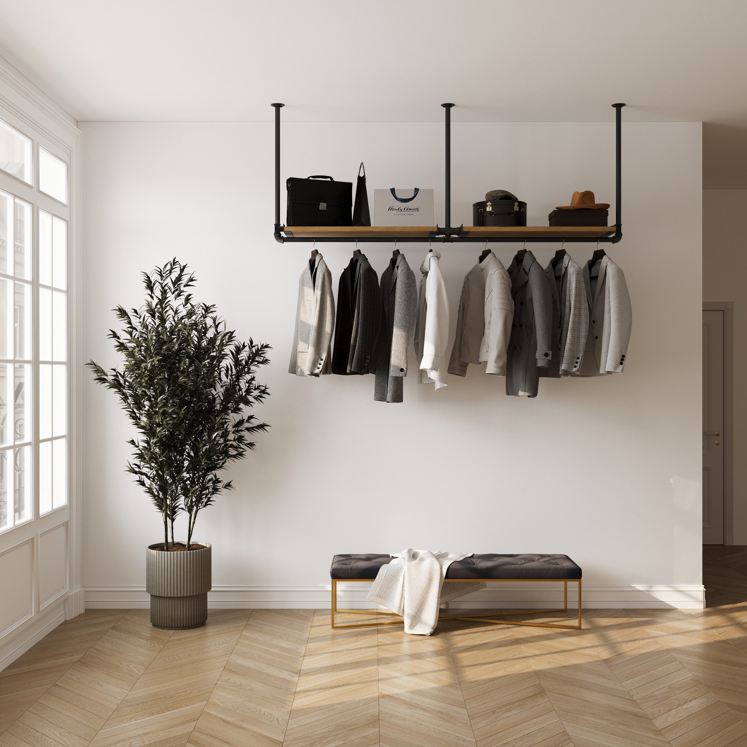 RSR Hangers Kleiderstange Garderobenleiste Kleiderstange Garderobe „DIEK“ mit Eichenholz Ablage – Bild 2 von 5