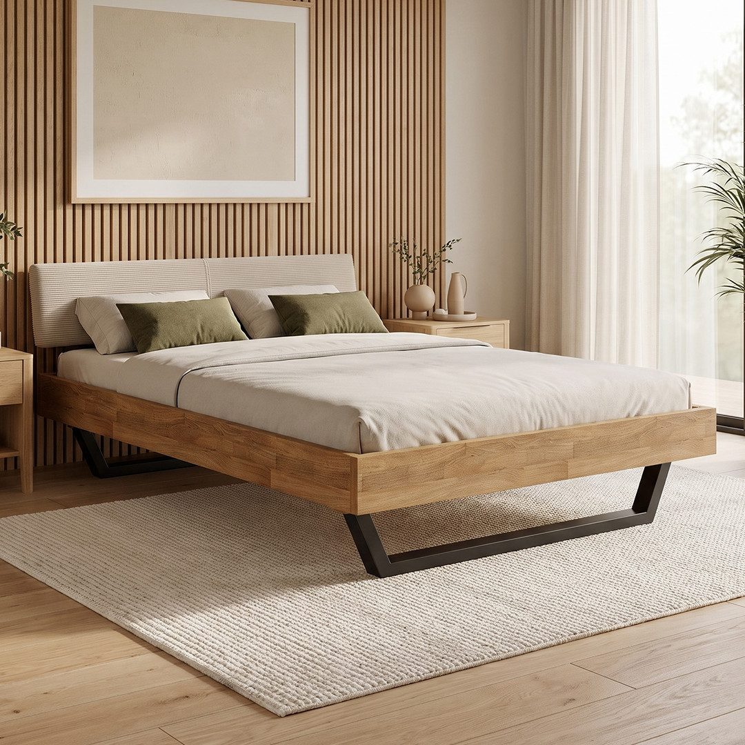 skølm Massivholzbett Alver aus Eiche mit Cord Bettkopf (140x200 cm, Cord-Kopfteil beige), Bettgestell natur geölt, verfügbar in 140/180 x 200 cm