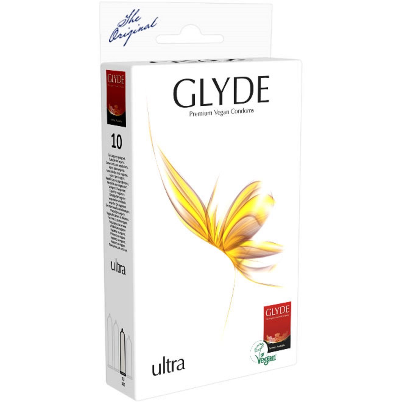 Glyde Kondome Glyde Ultra «Natural» natürliche vegane Kondome Packung mit, 10 St., Zertifiziert mit der Veganblume, Gefühlsecht & Reißfest, Geruchs- und Geschmacksneutral