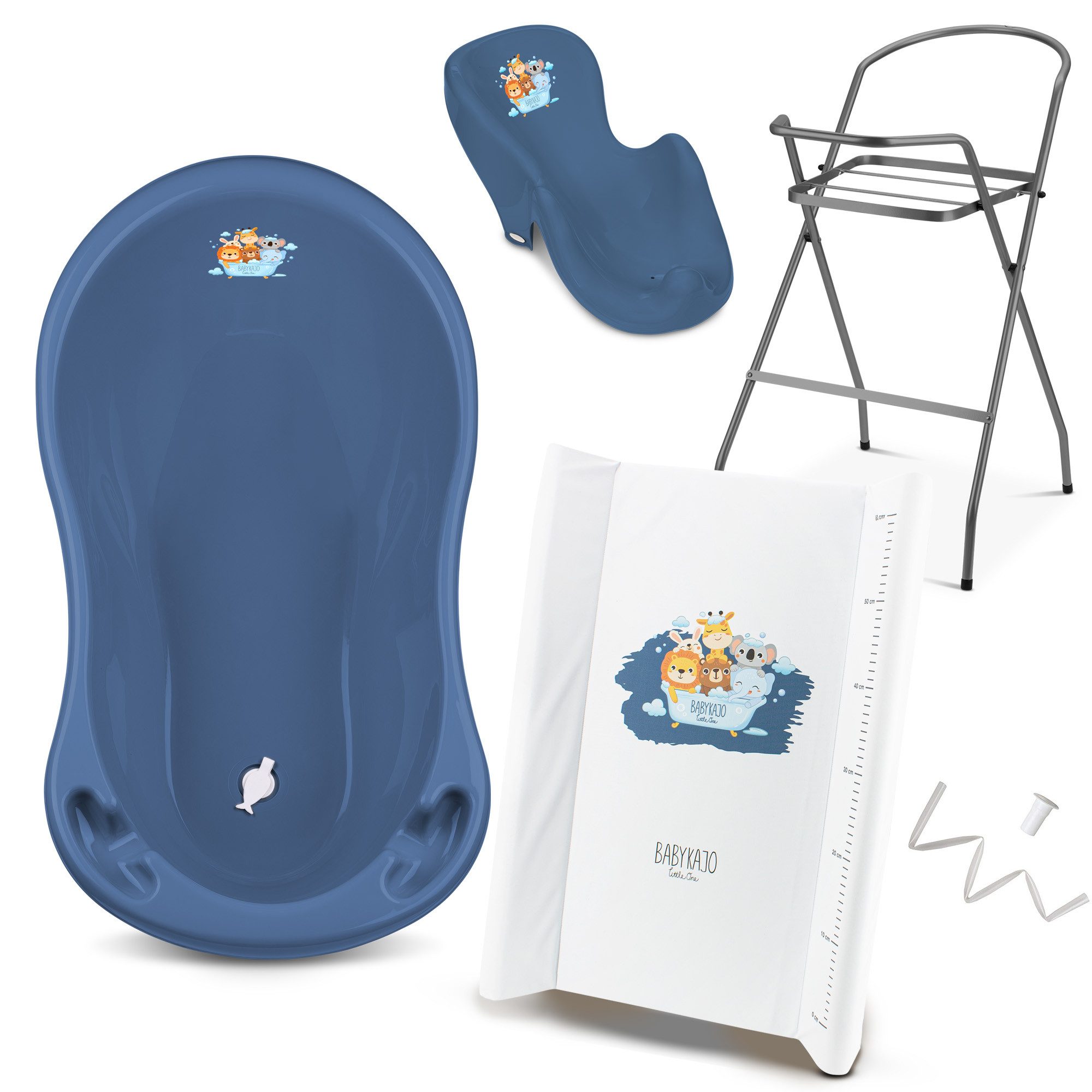 Babykajo Babybadewanne mit Ständer, (Set, 5-tlg), Babywanne mit Gestell, Sitz, Schlauch und Wickelauflage - TÜV geprüft