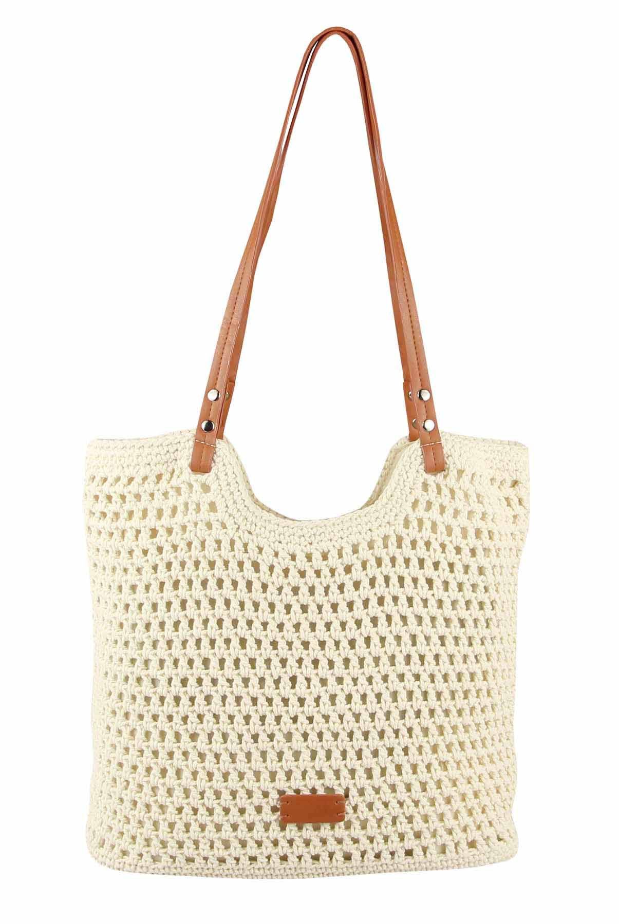 ITALYSHOP24 DAMEN TASCHE Boho Shopper Strohtasche Tote Bag Geflecht Häkeltasche, Textil Basttasche Strand Retro Freizeit Urlaub Sommer Beuteltasche