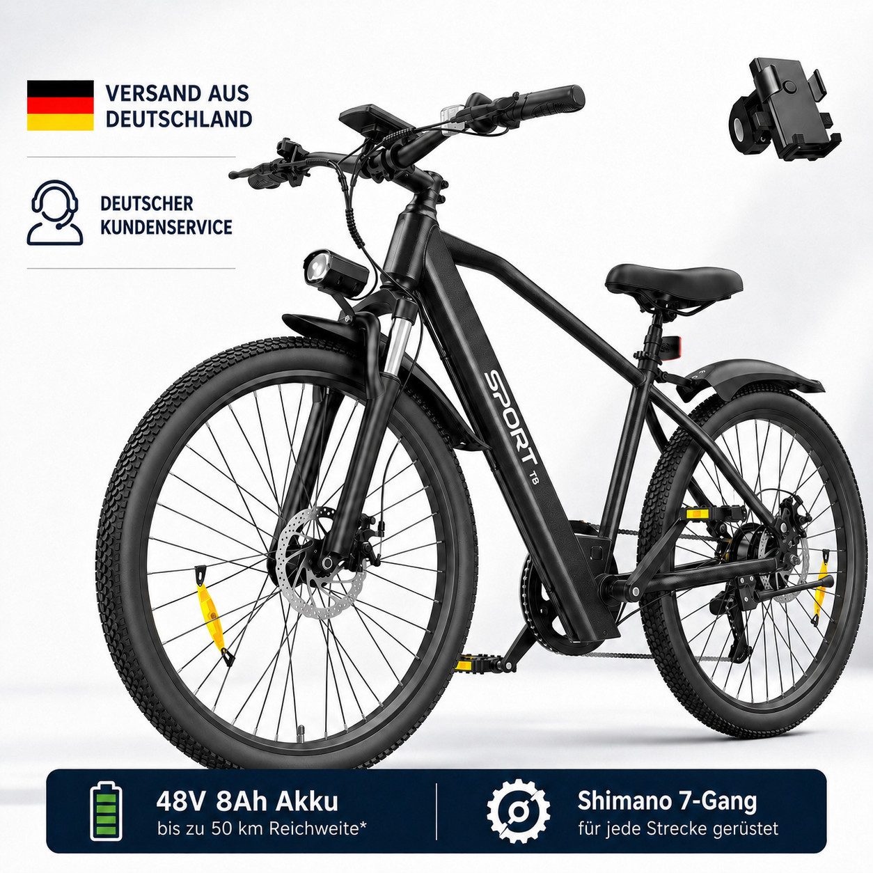PixelPilot E-Bike Cityrad 26 Zoll Elektrofahrrad 48V 13Ah Akku, Shimano 7-Gang, Abnehmbarer Korb, 7 Gang, Nabenmotor, 624 Wh, (Packung)