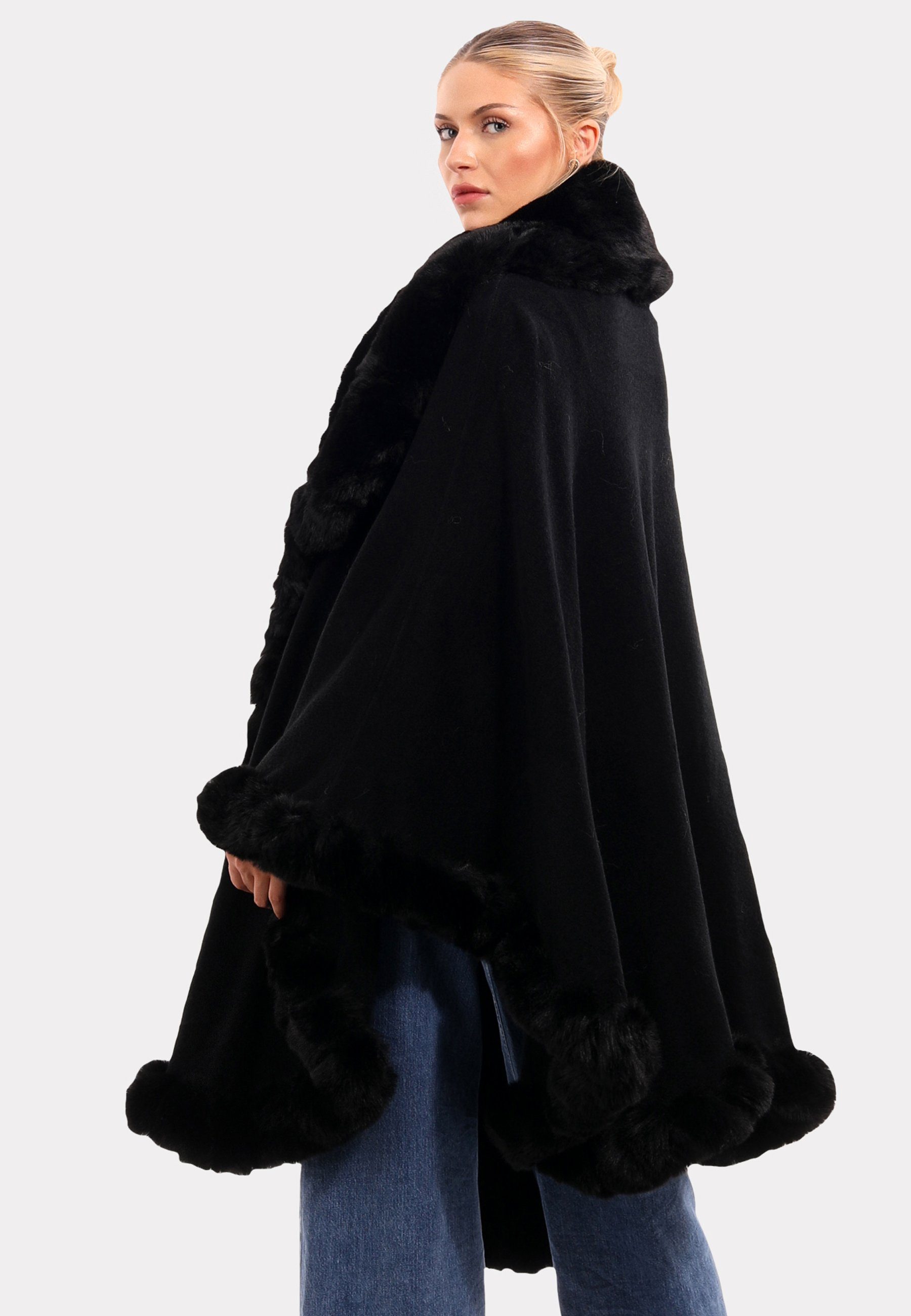 Unifarbe & schwarz Poncho Fließender Kunstpelz-Besatz" Style "Edler Fashion Poncho (1-St) in mit YC Luxuriösem