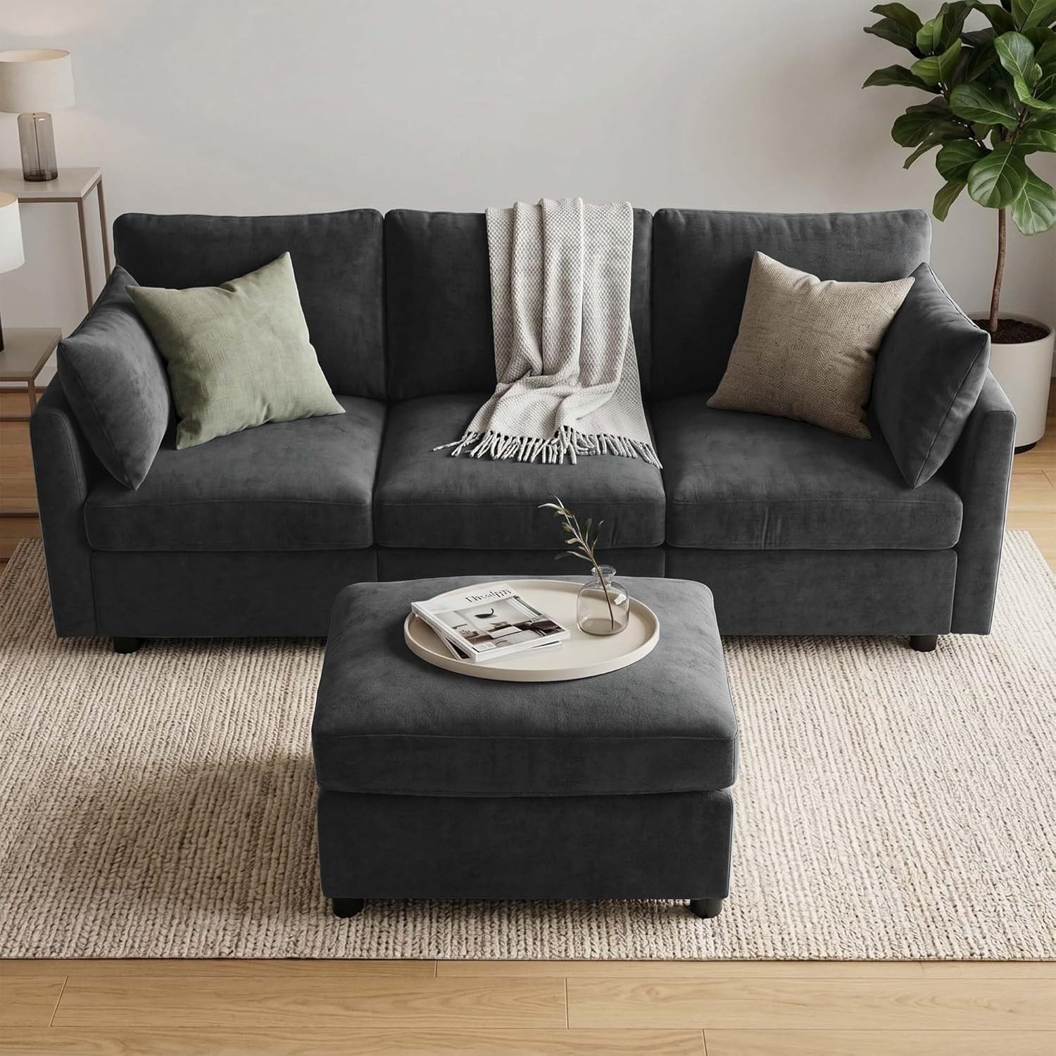 Kingfun Sofa 214cm Modulares Sofa, L-Form individuell konfigurierbare Ecksofa, 1 Teile, 3-Sitzer Sofa mit Hocker, Chenille-Bezug, 159 kg pro Sitzplatz.