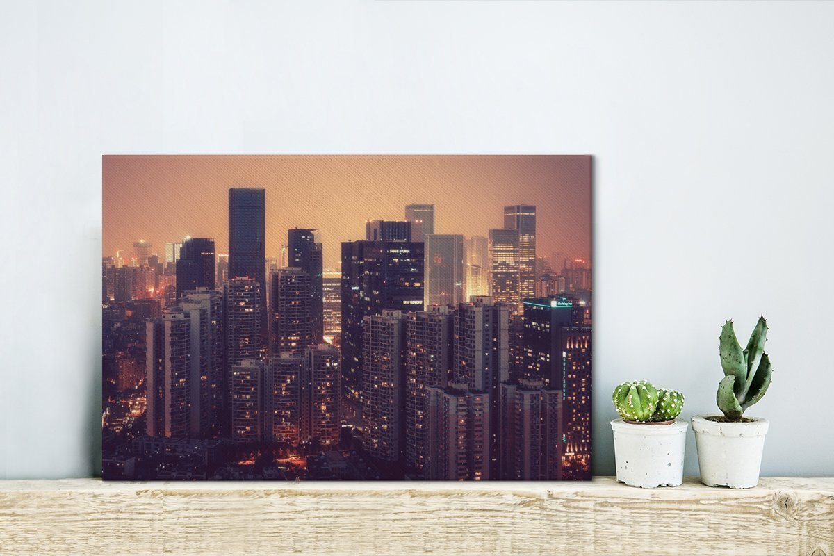 in Leinwandbild bei der 30x20 (1 OneMillionCanvasses® Stadt Wandbild cm China Skyline St), Leinwandbilder, Aufhängefertig, Chengdu Wanddeko, Nacht,