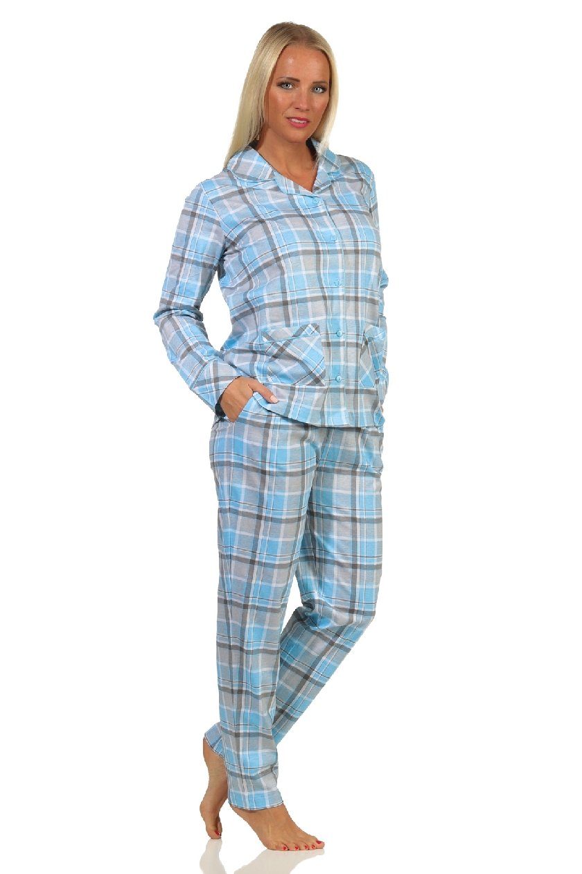 Normann Pyjama Damen langarm Single hellblau Qualität Jersey in Karopotik in Schlafanzug