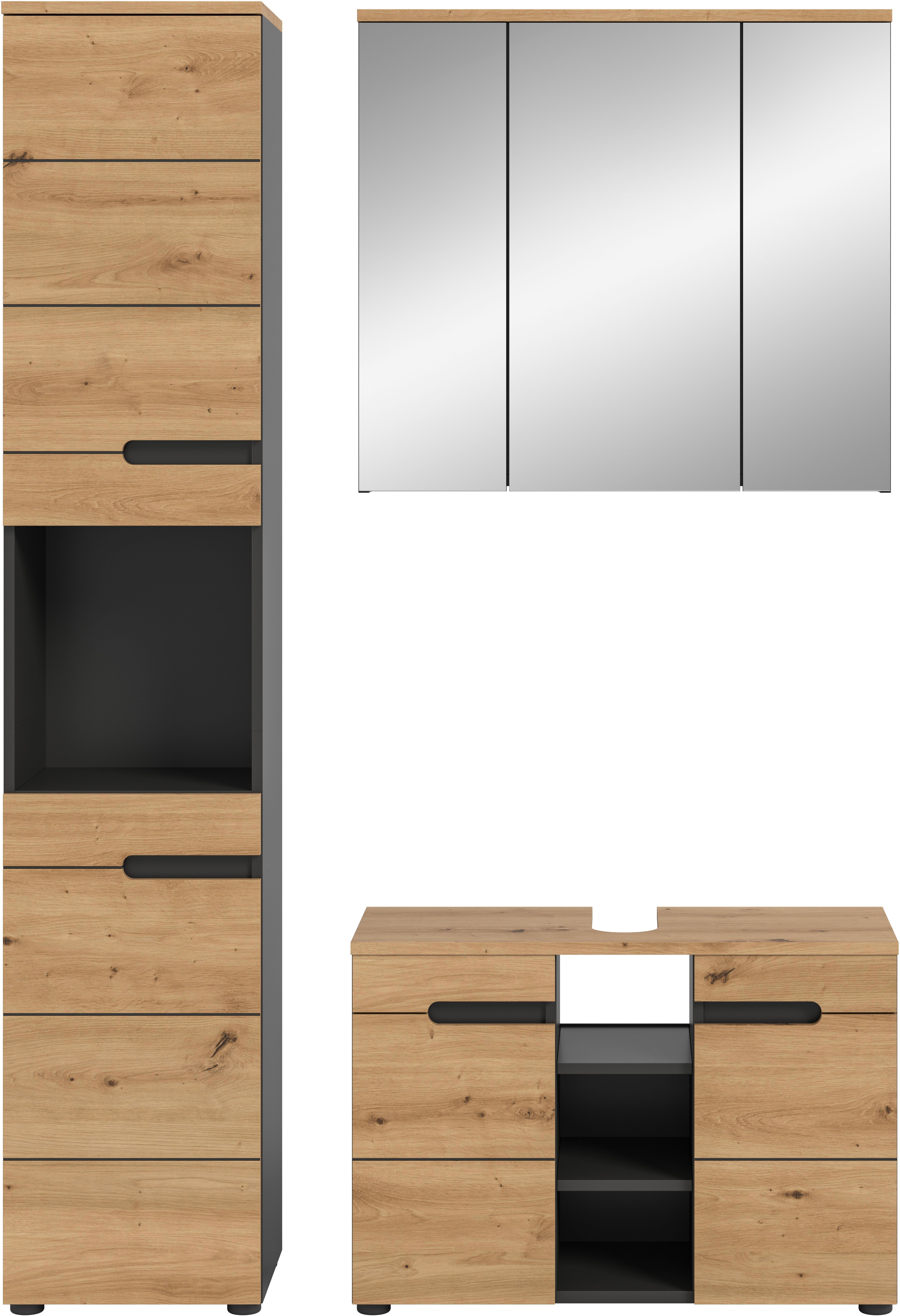 welltime Badmöbel-Set REHAT, 3-teilig, Breite 133 cm, mit grifflosen Fronten, bestehend aus:, (3-St), 1x Hochschrank, 1x Waschbeckenunterschrank & 1x Spiegelschrank