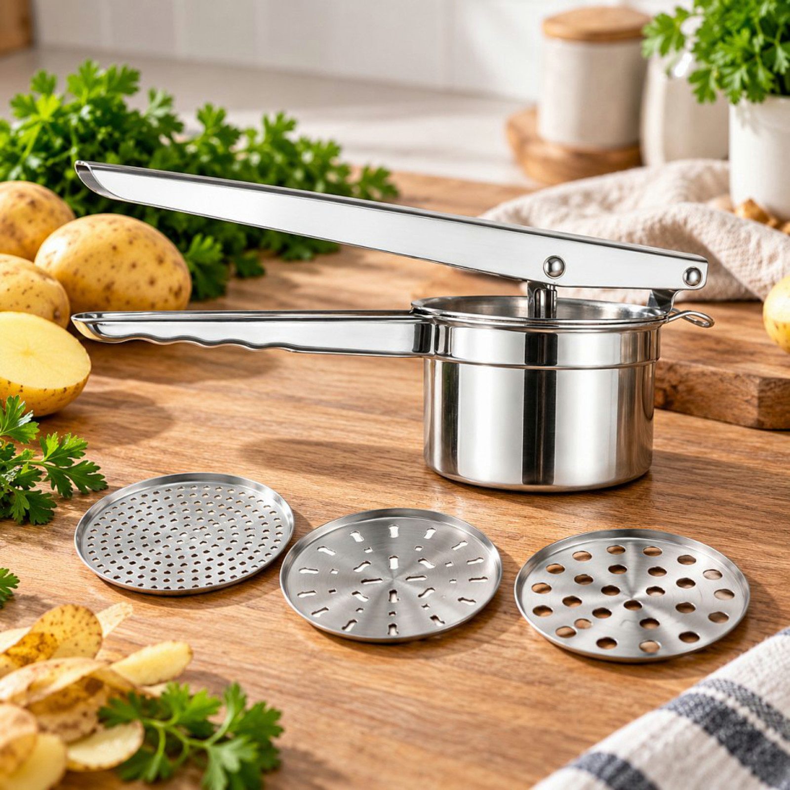 Haushalt International Im- und Export GmbH Kartoffelpresse Spätzlepresse Küchenhelfer mit 3 Locheinsätzen (1 St), Edelstahl, 30x10x11cm, ergonomischer Griff, Edelstahl, Manuell