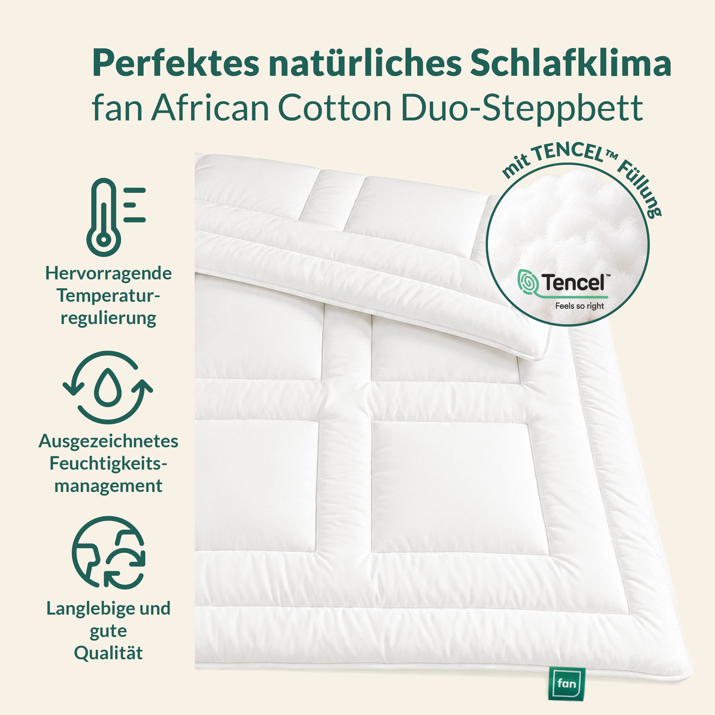 fan Naturfaserbettdecke African Cotton, 135x200 cm und weitere Größen, Füllung: 100% Lyocell (TENCEL), Bezug: 100% Baumwolle, Bettdecke für Winter oder Sommer. Hergestellt in Deutschland