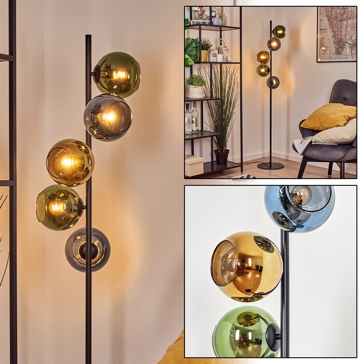 hofstein Stehlampe Stehlampe aus Metall/Glas in Schwarz/Blau/Grün/Goldfarben, ohne Leuchtmittel, Stehleuchte im Retro/Vintage-Design, Fußschalter, 160 cm, 5 x E14
