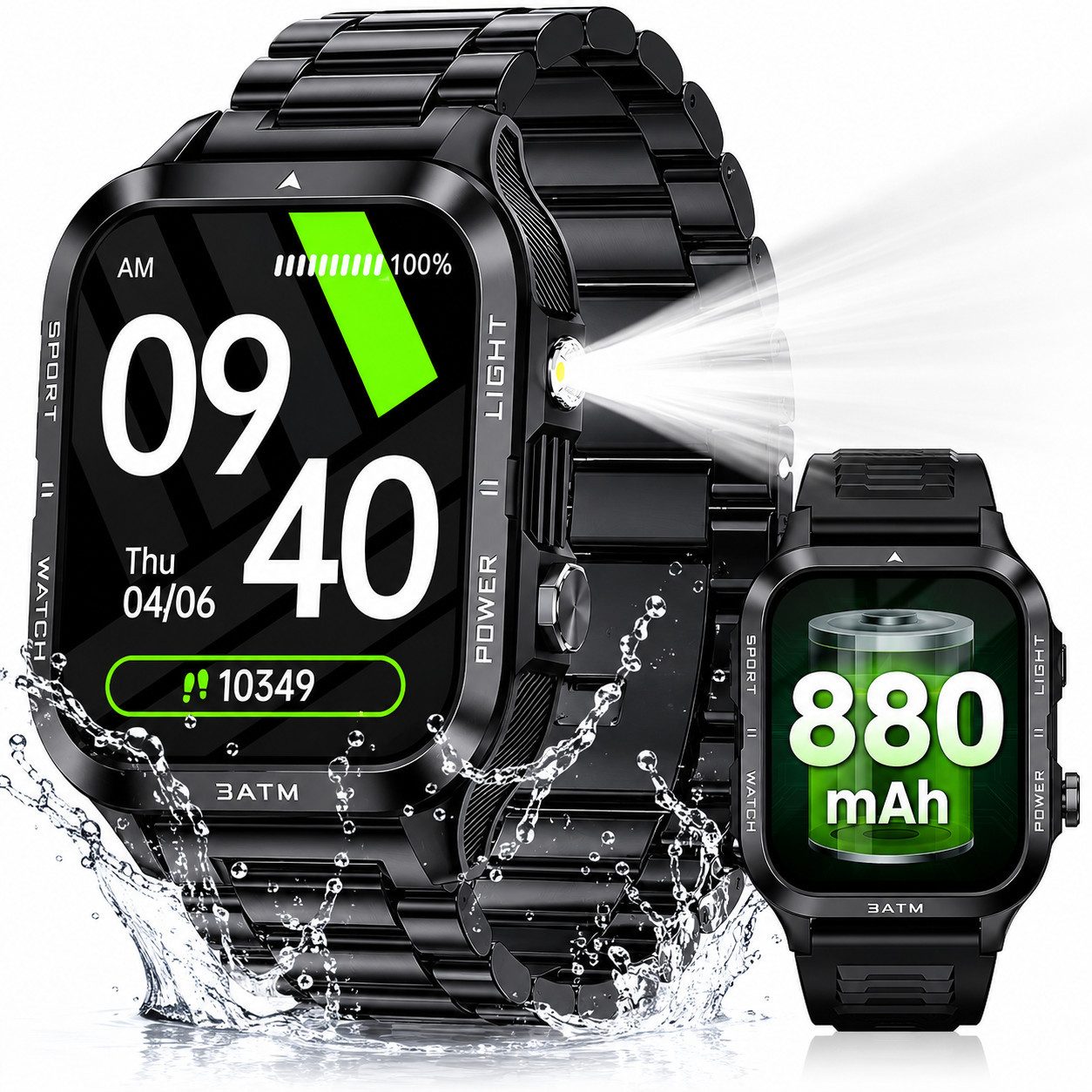 Toomoke Herren Militär Smartwatch mit Telefonfunktion, Smartwatch (4,98 cm/1,96 Zoll) Outdoor Fitnessuhr mit LED-Taschenlampe, 100 Tage Standby, 3ATM wasserdicht, Bluetooth Smartwatch mit Herzfrequenz, Schlaf- & SpO2-Monitor, Sportuhr für Android & iPhone