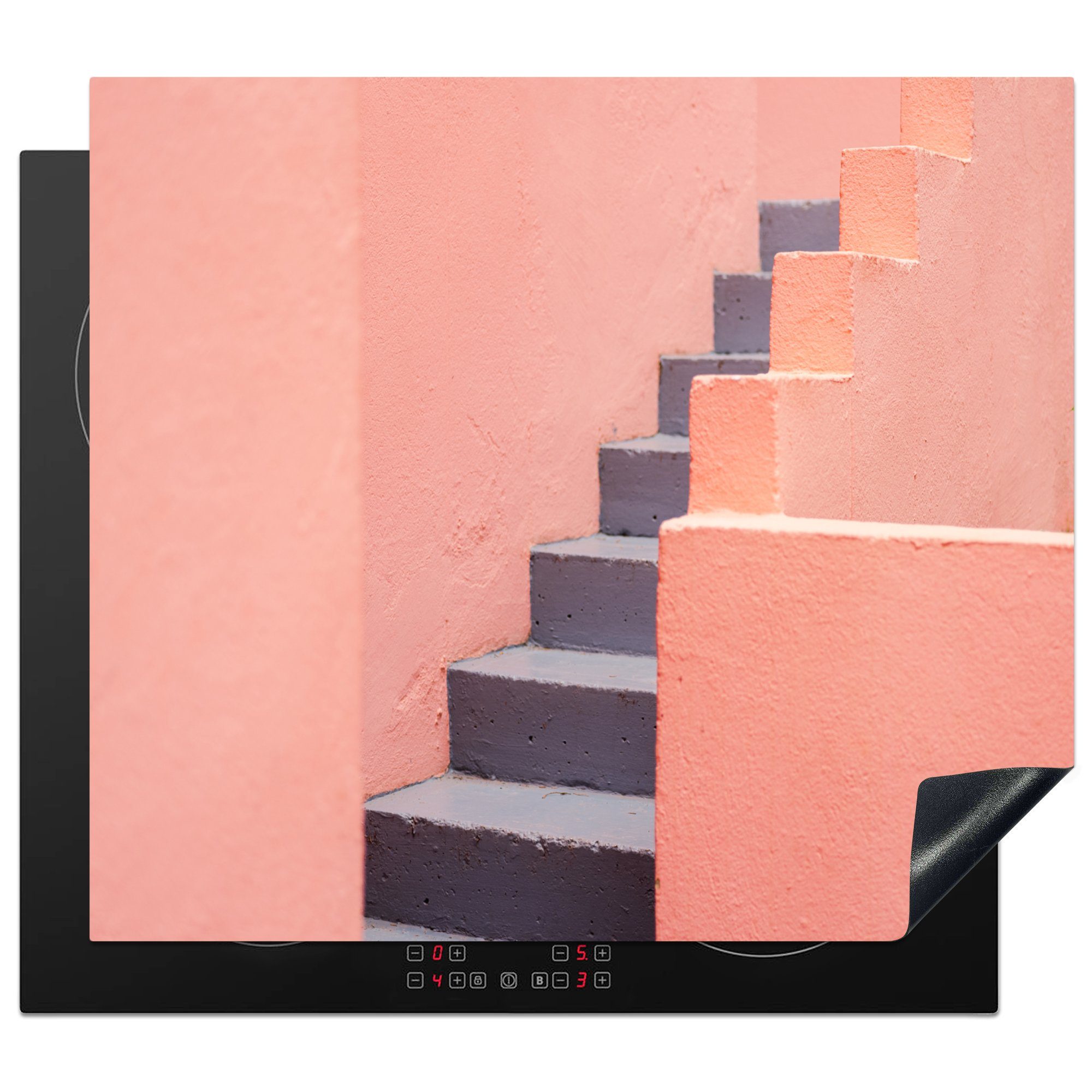 MuchoWow Herdblende-/Abdeckplatte Treppe - Architektur - Rosa - Pastell, Vinyl, (1 tlg), 60x52 cm, Mobile Arbeitsfläche nutzbar, Ceranfeldabdeckung