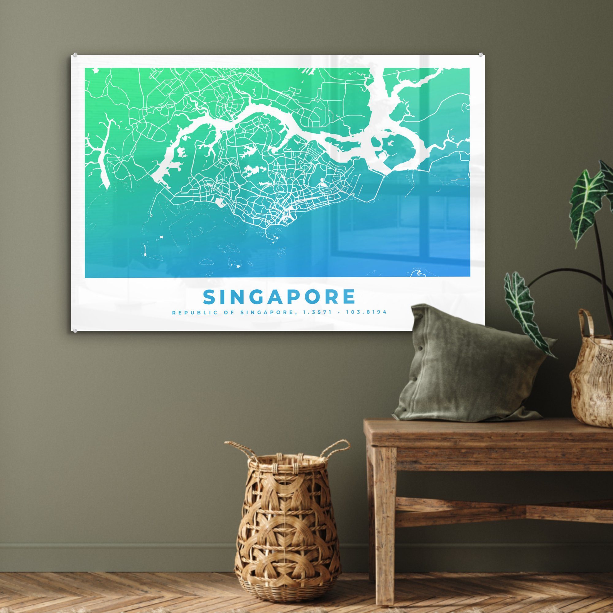 Singapur Schlafzimmer & Acrylglasbild Acrylglasbilder (1 St), Stadtplan Wohnzimmer Karte, MuchoWow - -