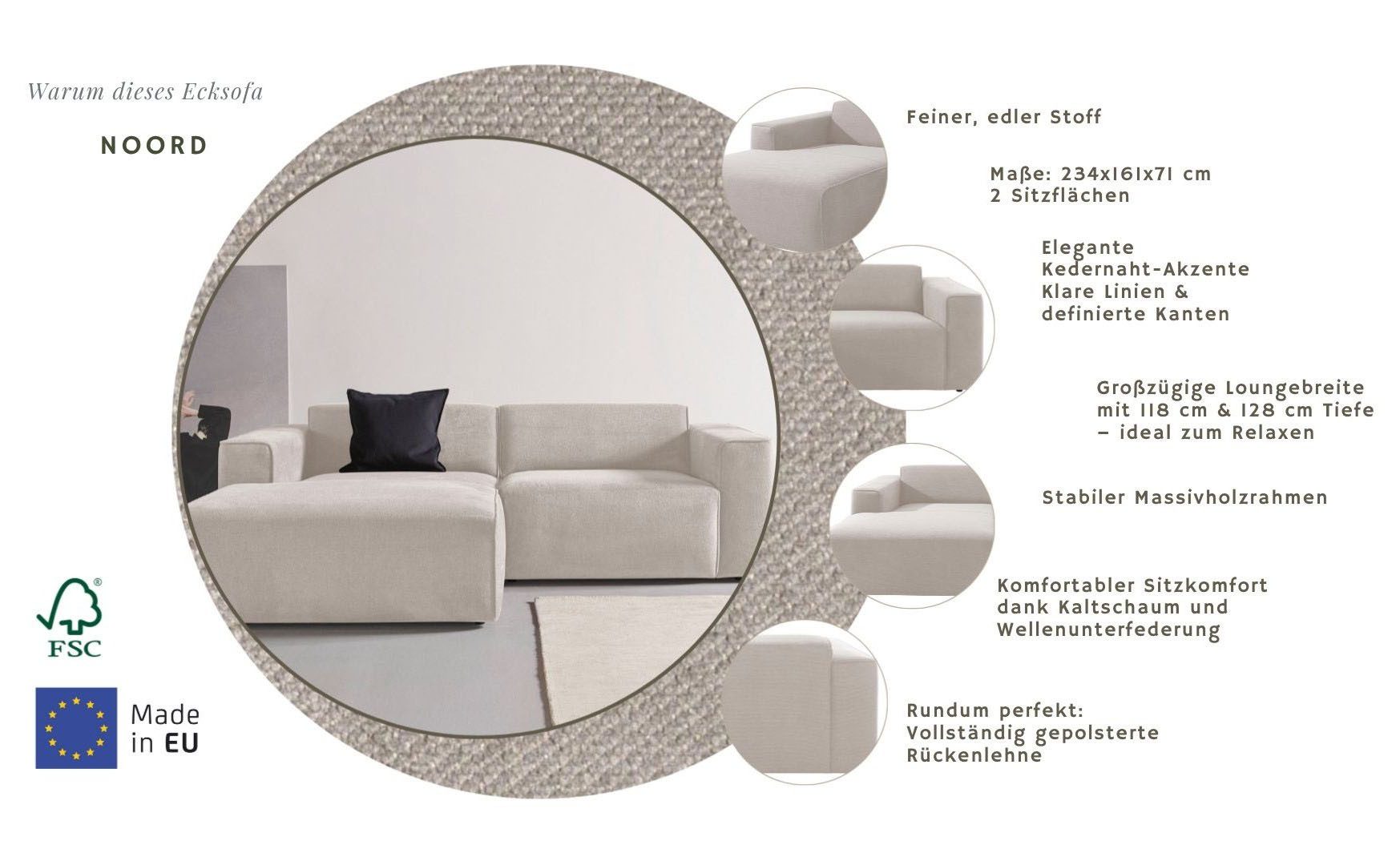 Home affaire Ecksofa Noord mit Kedernaht, Breite 234 cm, L-Form, mit Kedernaht, Breite 234 cm, Cord, Struktur, Webstoff