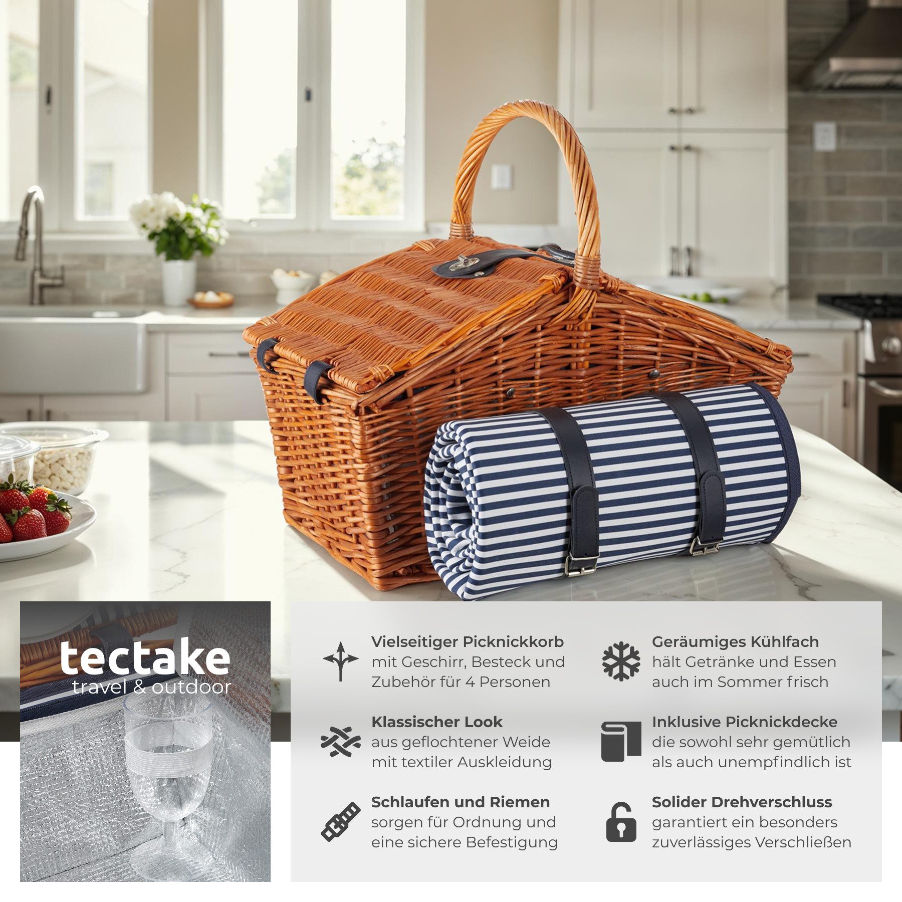 tectake Picknickkorb Usedom (Komplettset, 20-teiliges Geschirrset, günstig online kaufen