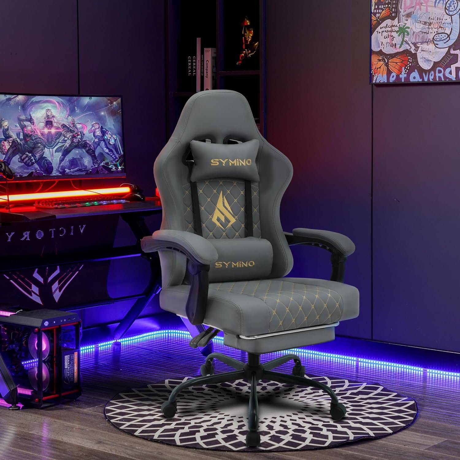 bürostuhl Racing Burostuhl,Schreibtischstuhl Gaming Chair stuhl pu-leder gaming Sitz), Verstellbarer symino mit stuhl ergonomischer (Ergonomischer fußstütze