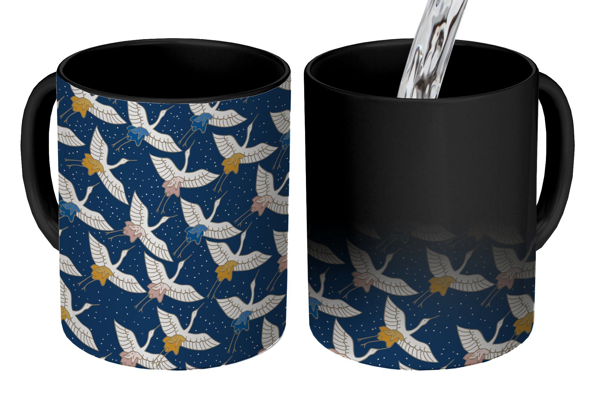 MuchoWow Tasse Vögel - - Farbwechsel, Teetasse, - Keramik, Kaffeetassen, Muster, Nacht Japan Zaubertasse, Geschenk