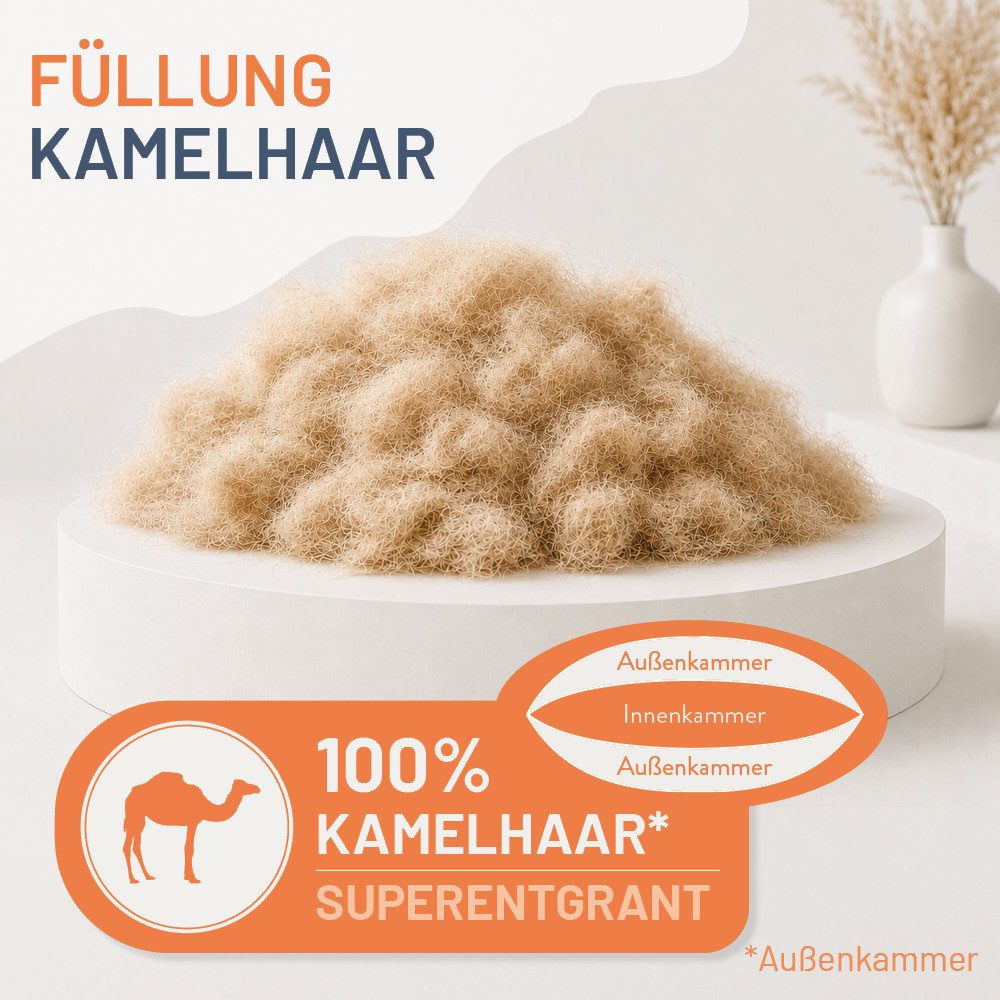 casimum 3-Kammer-Kopfkissen LUXUS Kamelhaar-Kissen 80x80, Kissen 40x80, hergestellt in Deutschland, Füllung: 100% Kamelhaar (Außenkammer), Bezug: 100 % Baumwolle, Seitenschläfer, Rückenschläfer, anschmiegsam & stützend, für Allergiker geeignet, atmungsaktiv