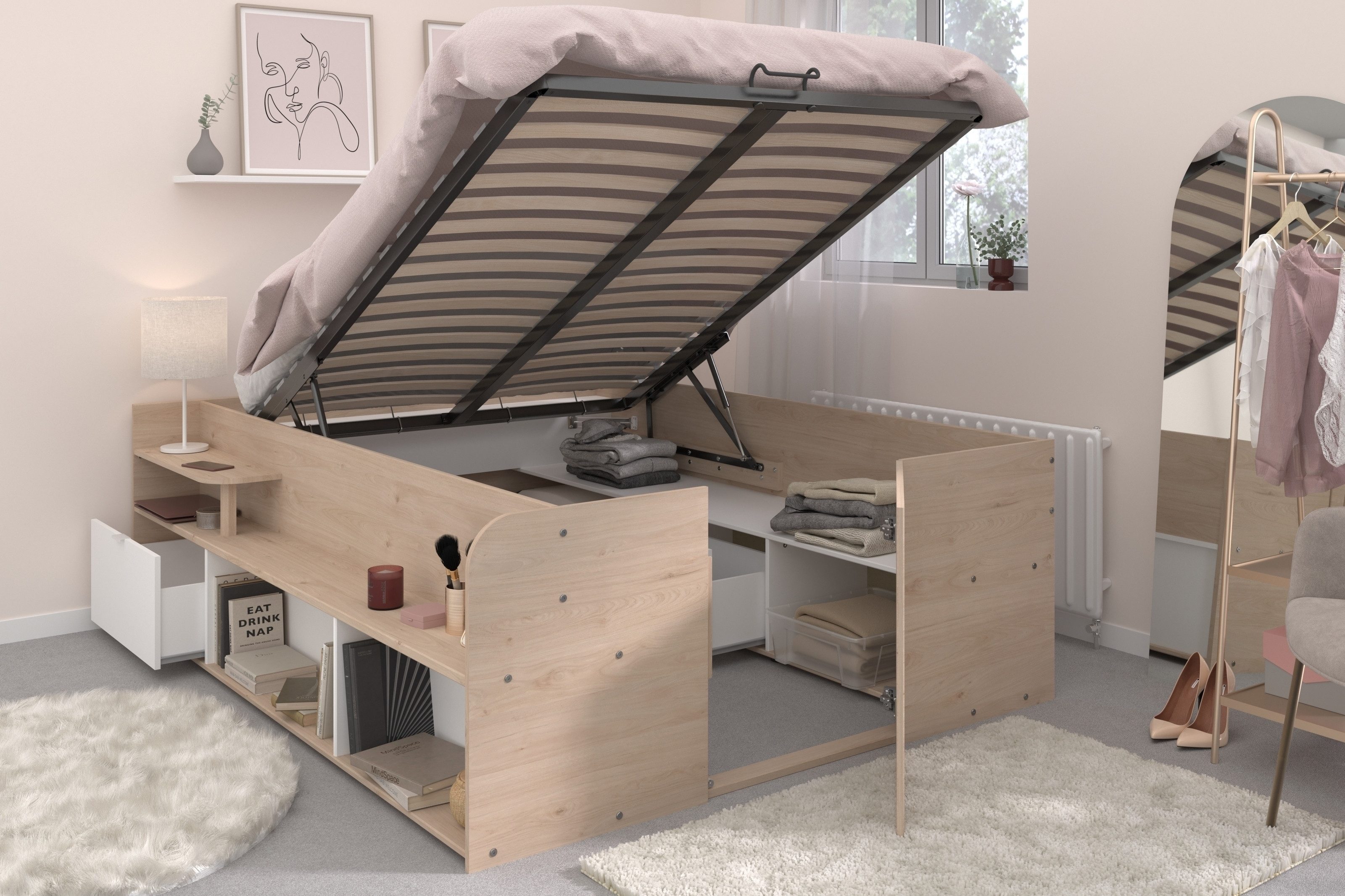 Parisot Stauraumbett Travel 2, Liegefläche 140x200cm, Jackson Eiche Dekor/Weiss - 169x67x209cm BxHxT