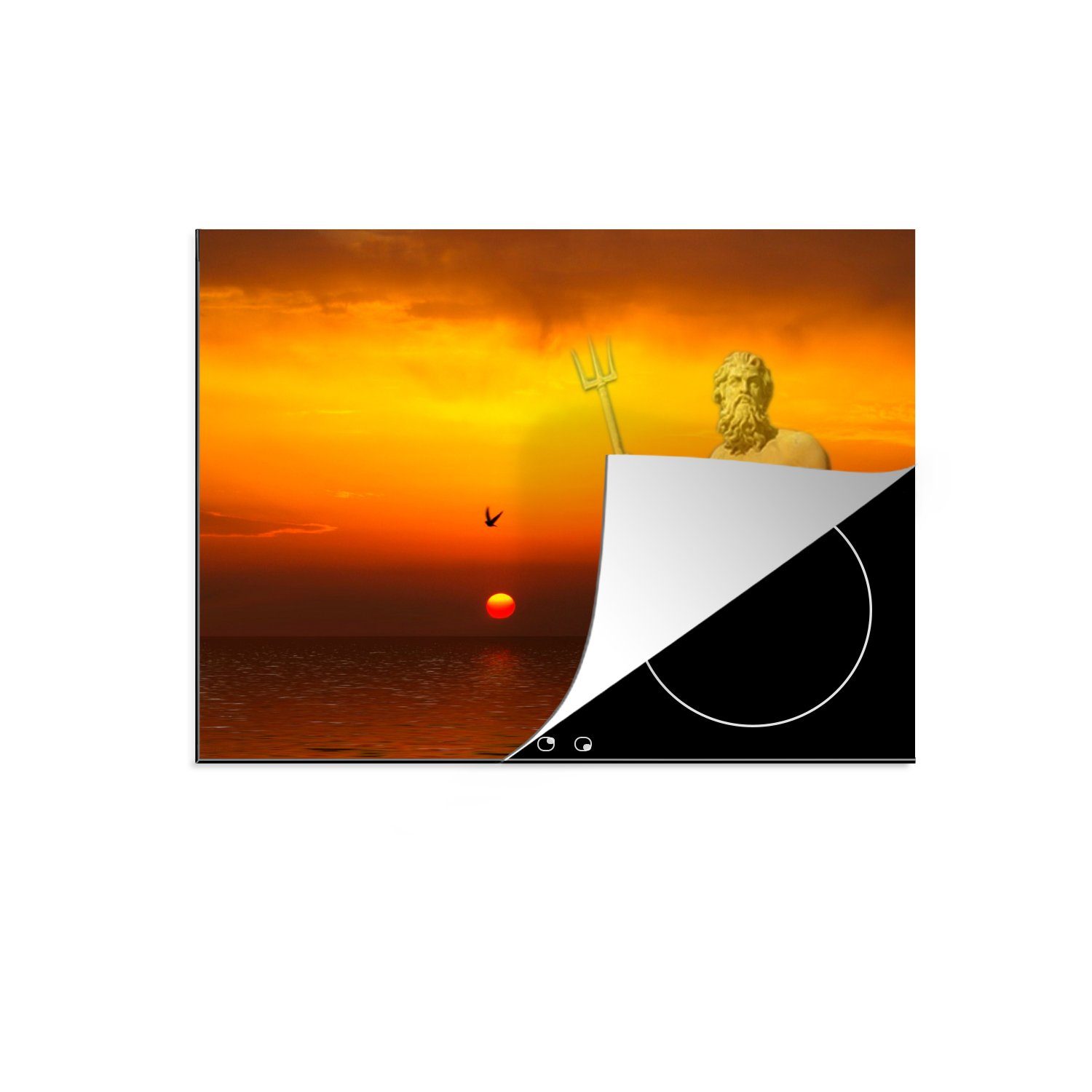 MuchoWow Herdblende-/Abdeckplatte Die Statue des Poseidon bei Sonnenuntergang, Vinyl, (1 tlg), 70x52 cm, Mobile Arbeitsfläche nutzbar, Ceranfeldabdeckung | Herdabdeckplatten