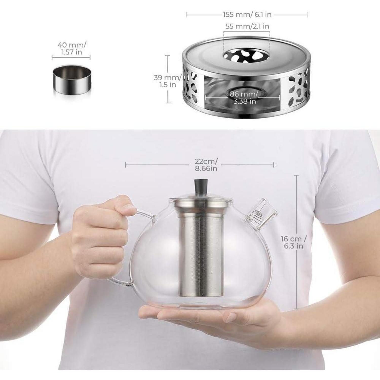 LuxusKollektion Teekanne Teekanne Borosilikatglas Edelstahl Sieb 2000ml Typ2 Silberfilter