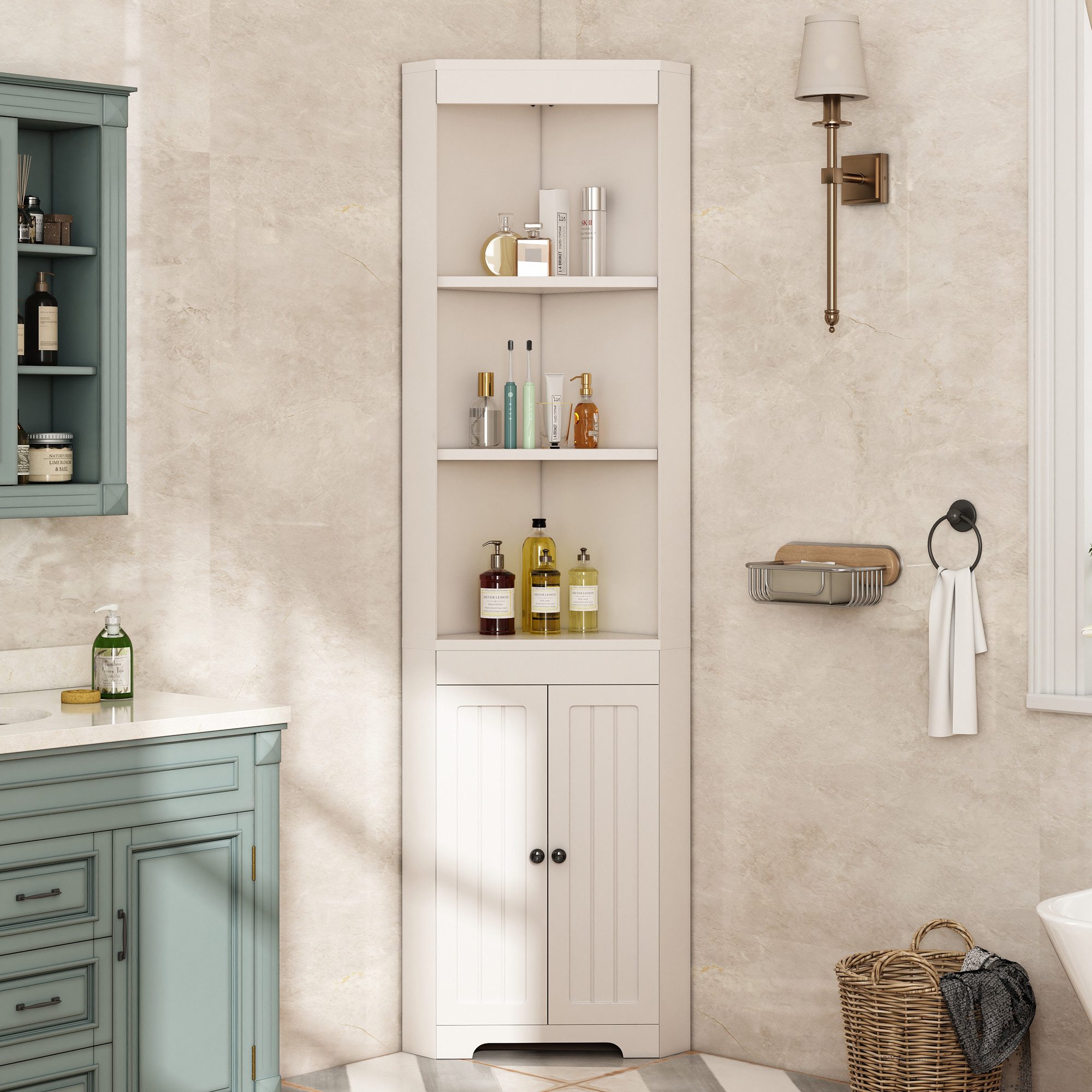 Wildhome Eckschrank Hochschrank Badezimmerschrank mit 3 offenen Regalböden & Türen (1-St) mit verstellbaren Einlegeböden, minimalistischem Design