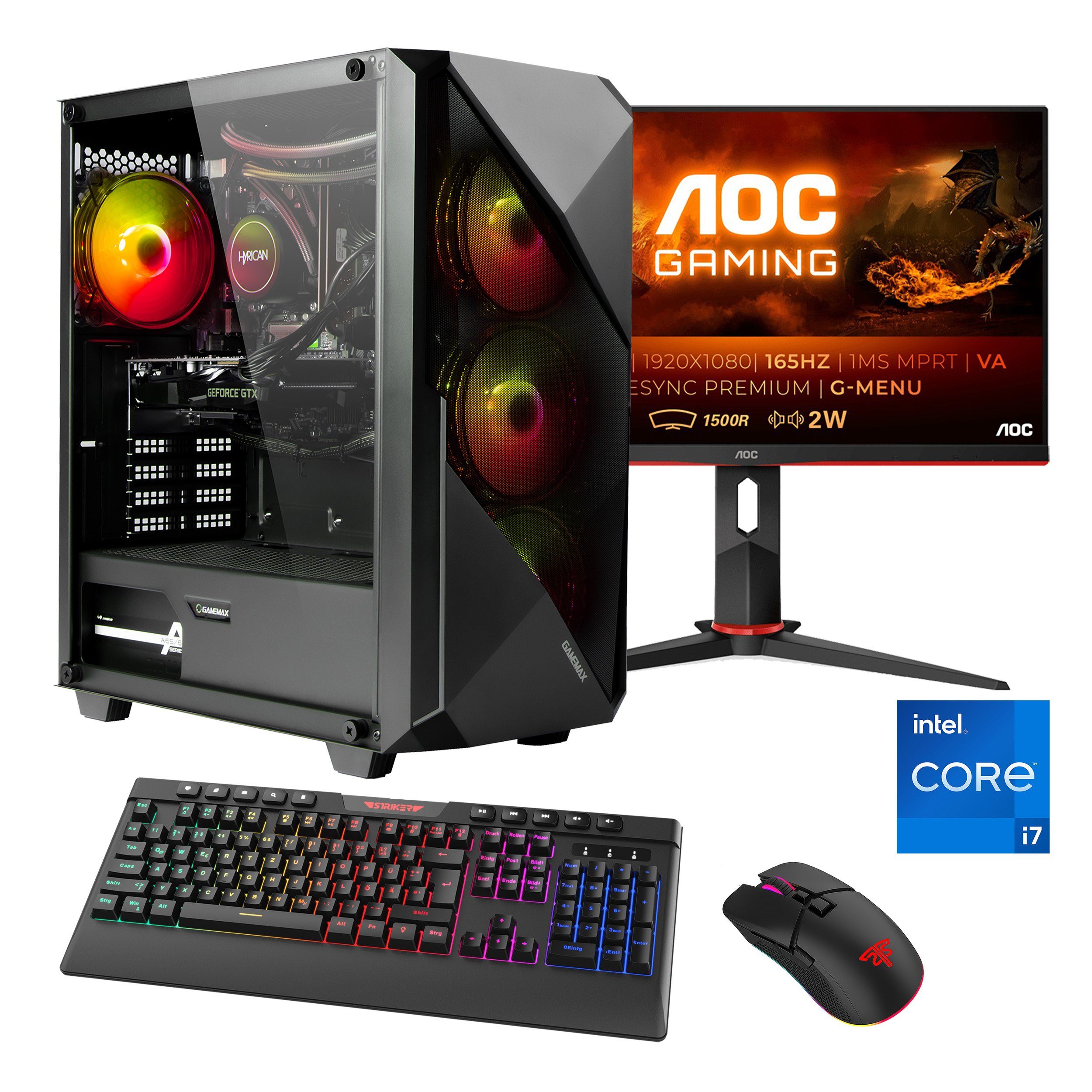 Hyrican Striker SET02411 Gaming-PC-Komplettsystem (24", Intel® Core i7 13700F, RTX 4060, 16 GB RAM, 1000 GB SSD, DDR5, Windows 11, inklusive 24" Curved Monitor AOC C24G2AE/BK)