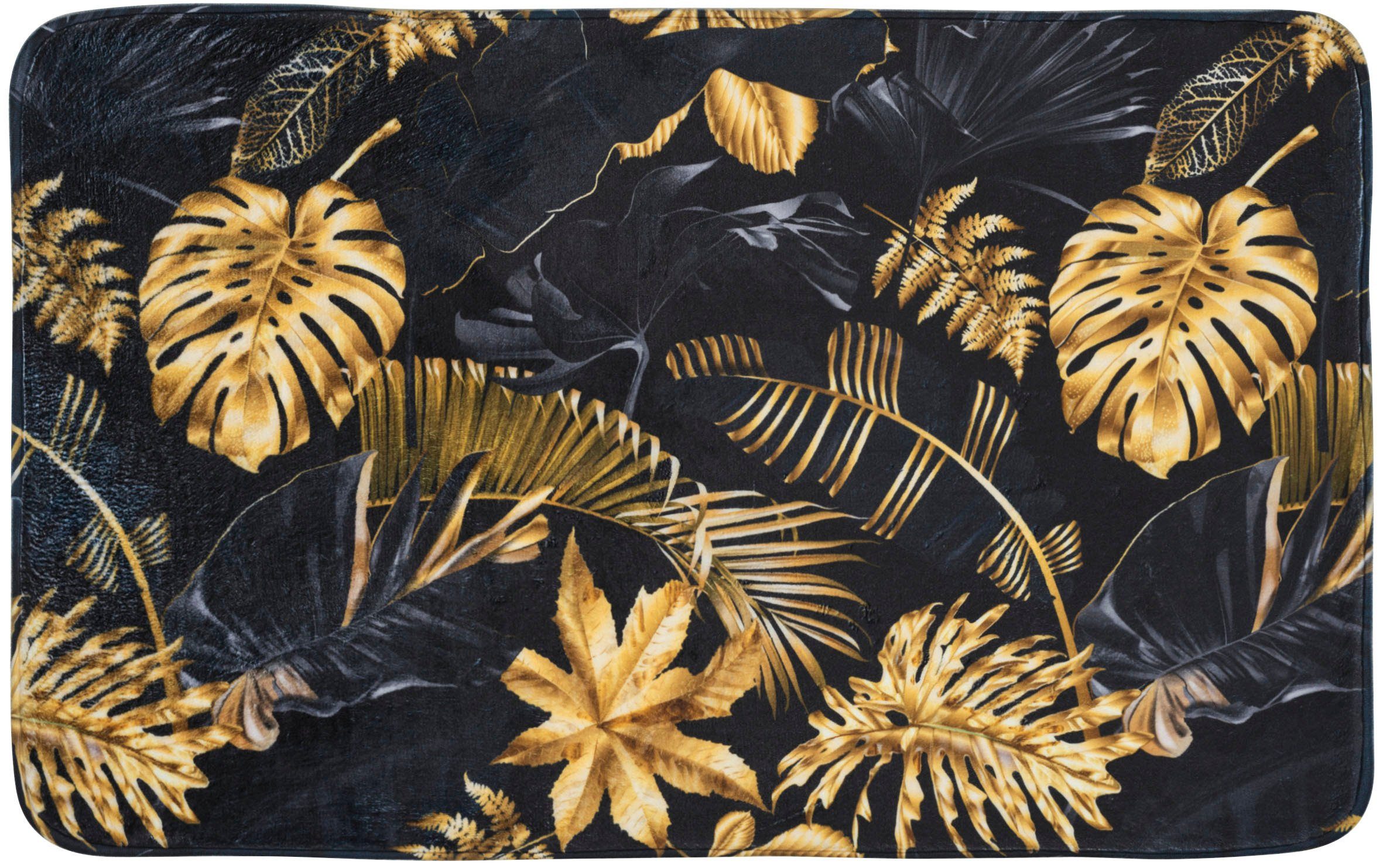 Sanilo Schaum-Badematte Golden Leaves, Höhe 15 mm, Memory Schaum, rutschhemmend beschichtet, fußbodenheizungsgeeignet, schnell trocknend, strapazierfähig, rechteckig, super weich, kräftige Farben, rutschhemmend, waschbar