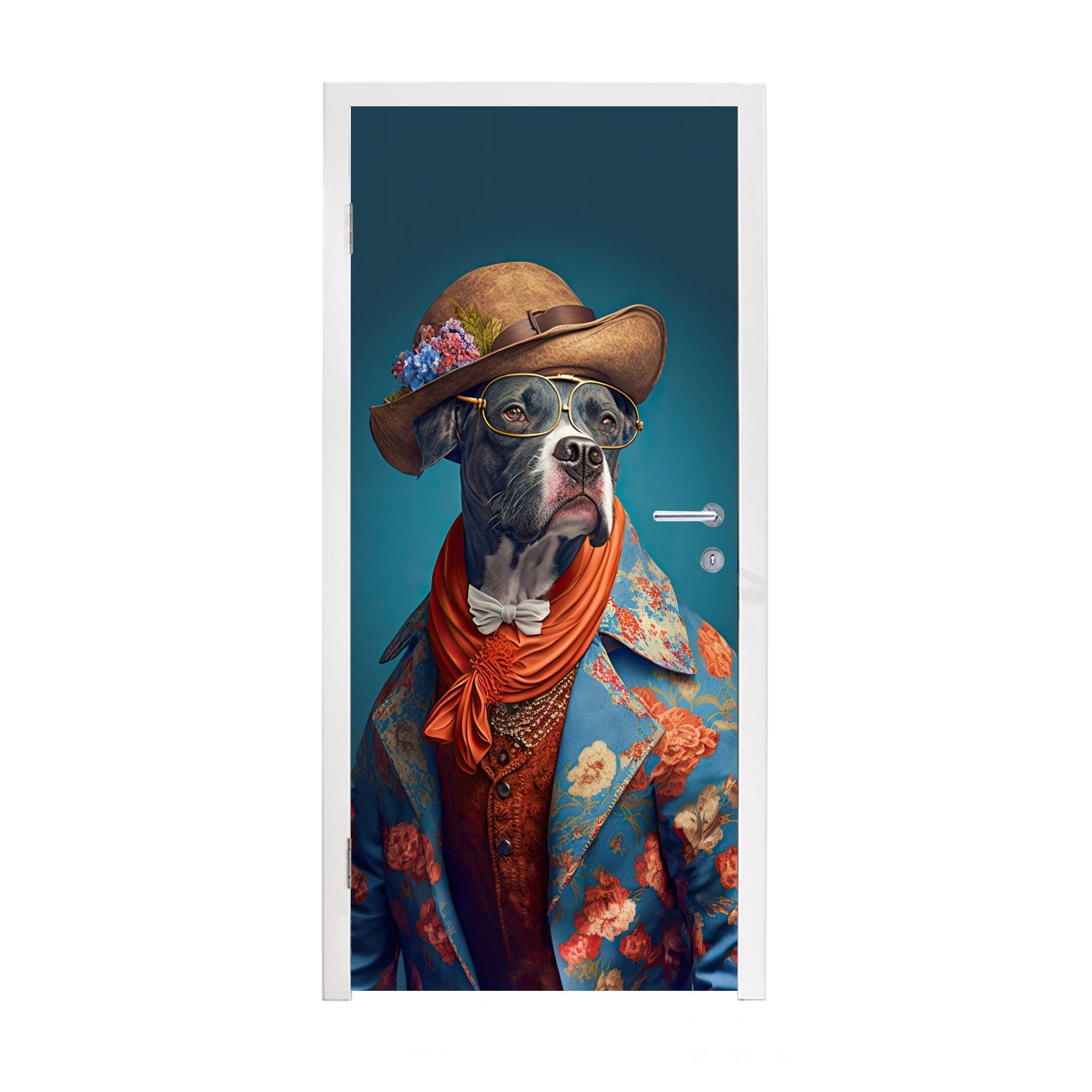 MuchoWow Türtapete Hund - Jacke - Blumen - Hut - Blau, Matt, bedruckt, (1 St), Fototapete für Tür, Türaufkleber, 75x205 cm