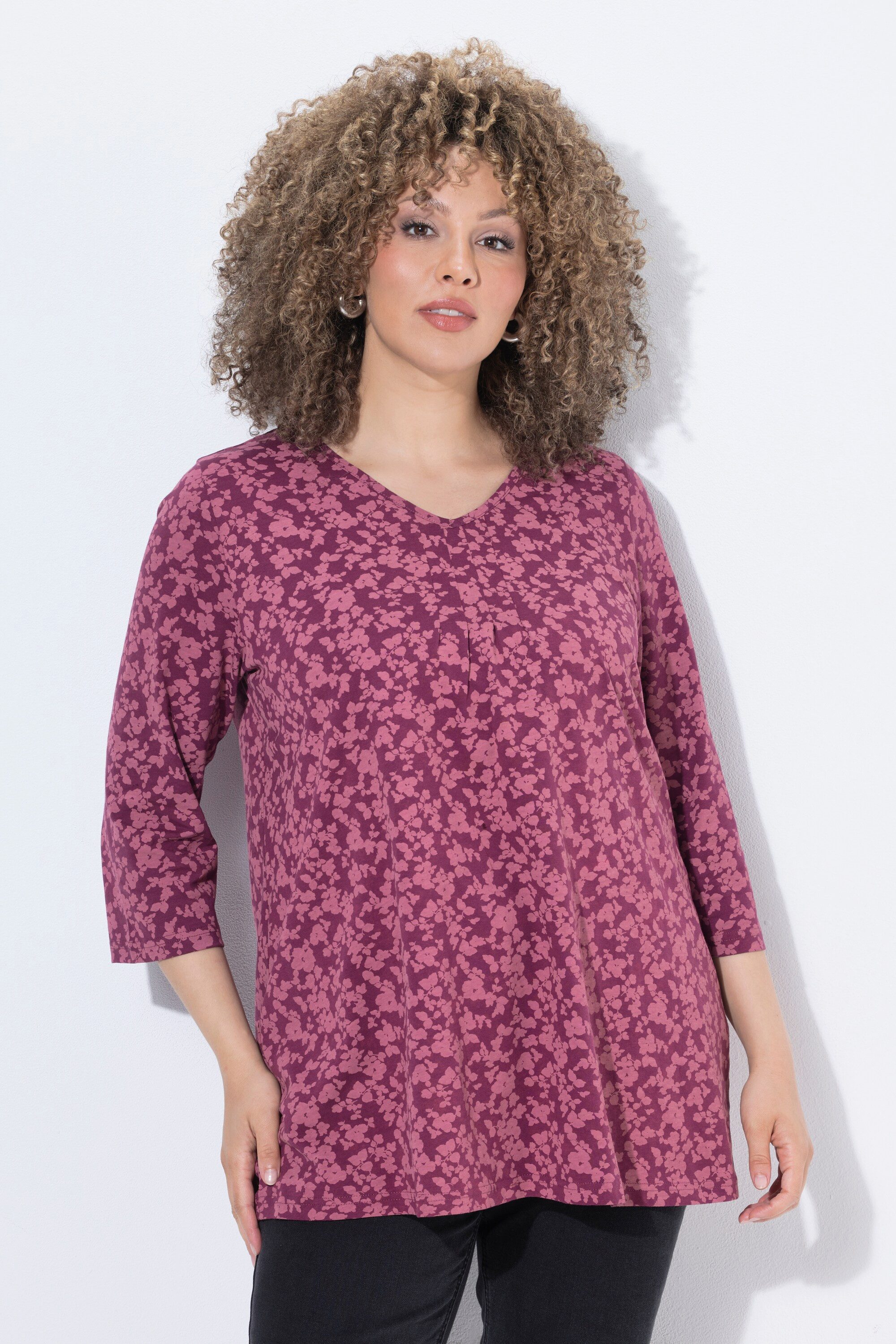 Ulla Popken T-Shirt T-Shirt A-Linie V-Ausschnitt Zierfalten 3/4-Arm