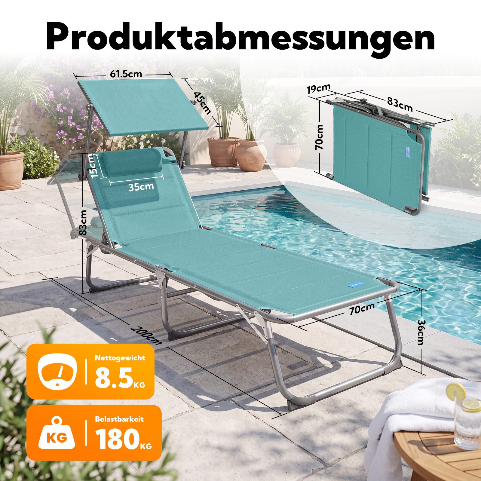 HOMECALL Gartenliege Sonnenliege AluLiege Liegestuhl Strandliege Liegen wetterfest, klappbar, Textilene Mit Dickemschnelltrocknende Schaumstoffpolsterung, Verst – Bild 2 von 5