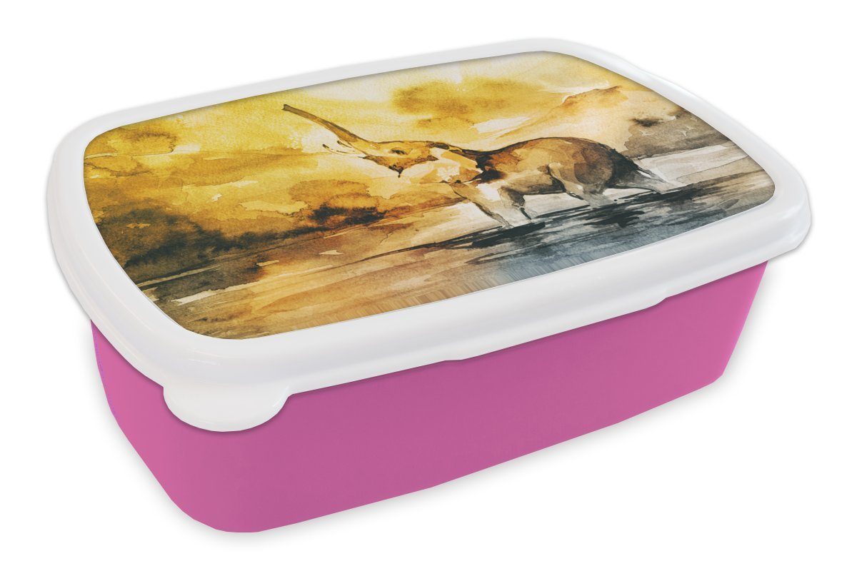 - (2-tlg), MuchoWow Erwachsene, Kunststoff rosa Mädchen, Brotbox Kunststoff, für Elefant Brotdose Lunchbox Wasser, Snackbox, Aquarellfarbe - Kinder,