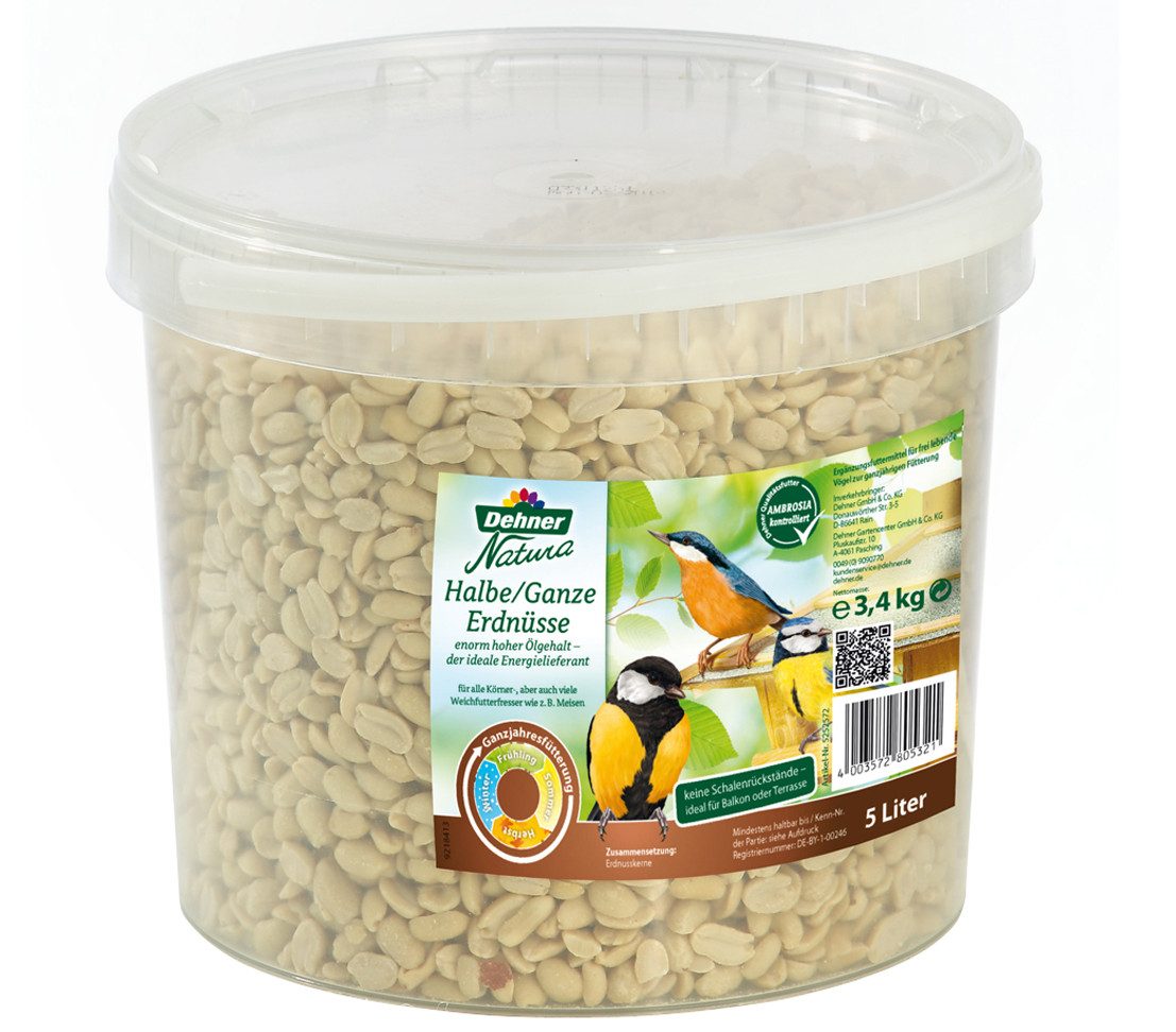 Dehner Natura Erdnusskerne halbe / ganze, Wildvogelfutter schalenfrei, 5 l Erdnuss, im Eimer, für Meisen, Rotkehlchen, Spatz, Buchfink