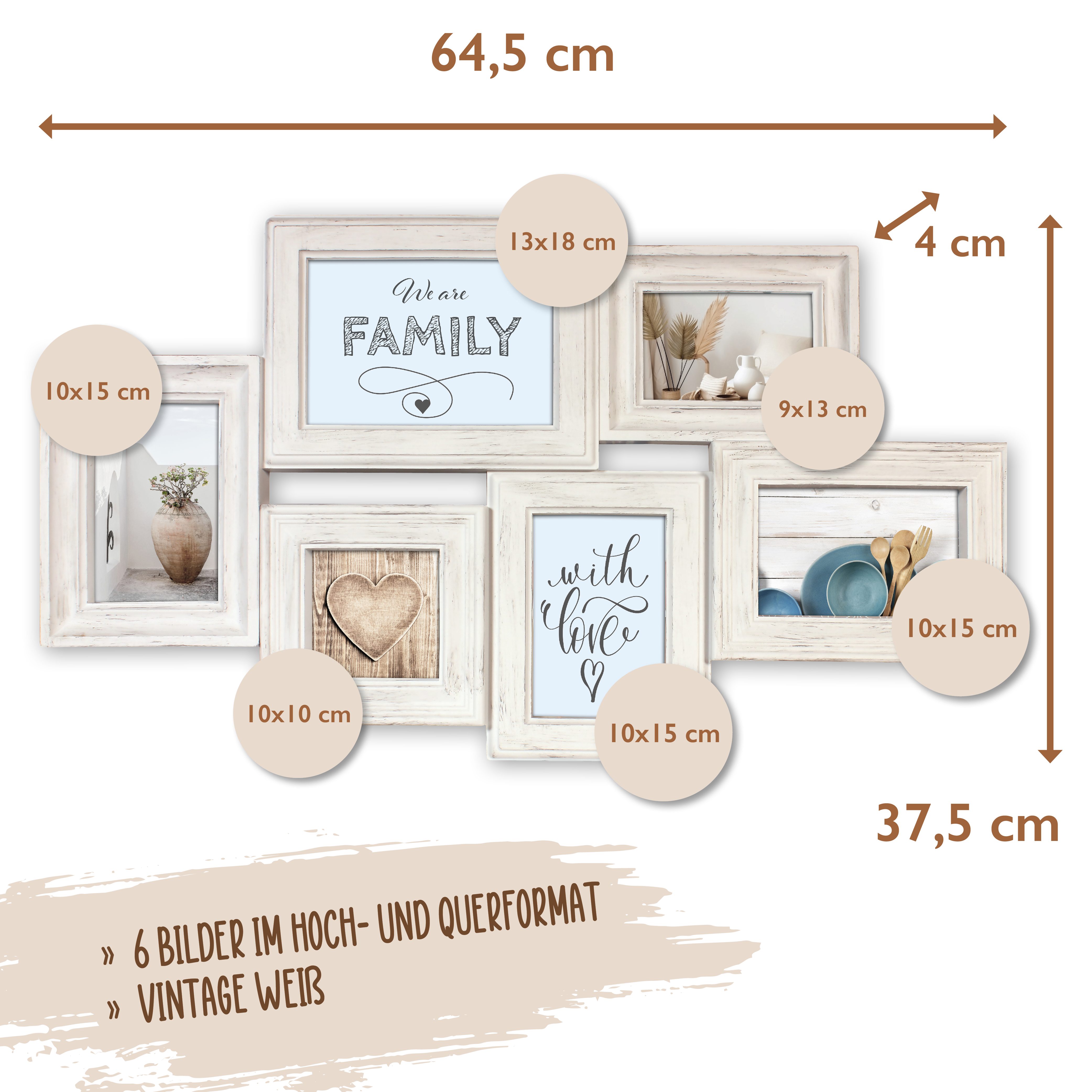 Wackadoo Living Bilderrahmen Collage weiß für 6 Fotos Wanddekoration Vintag günstig online kaufen